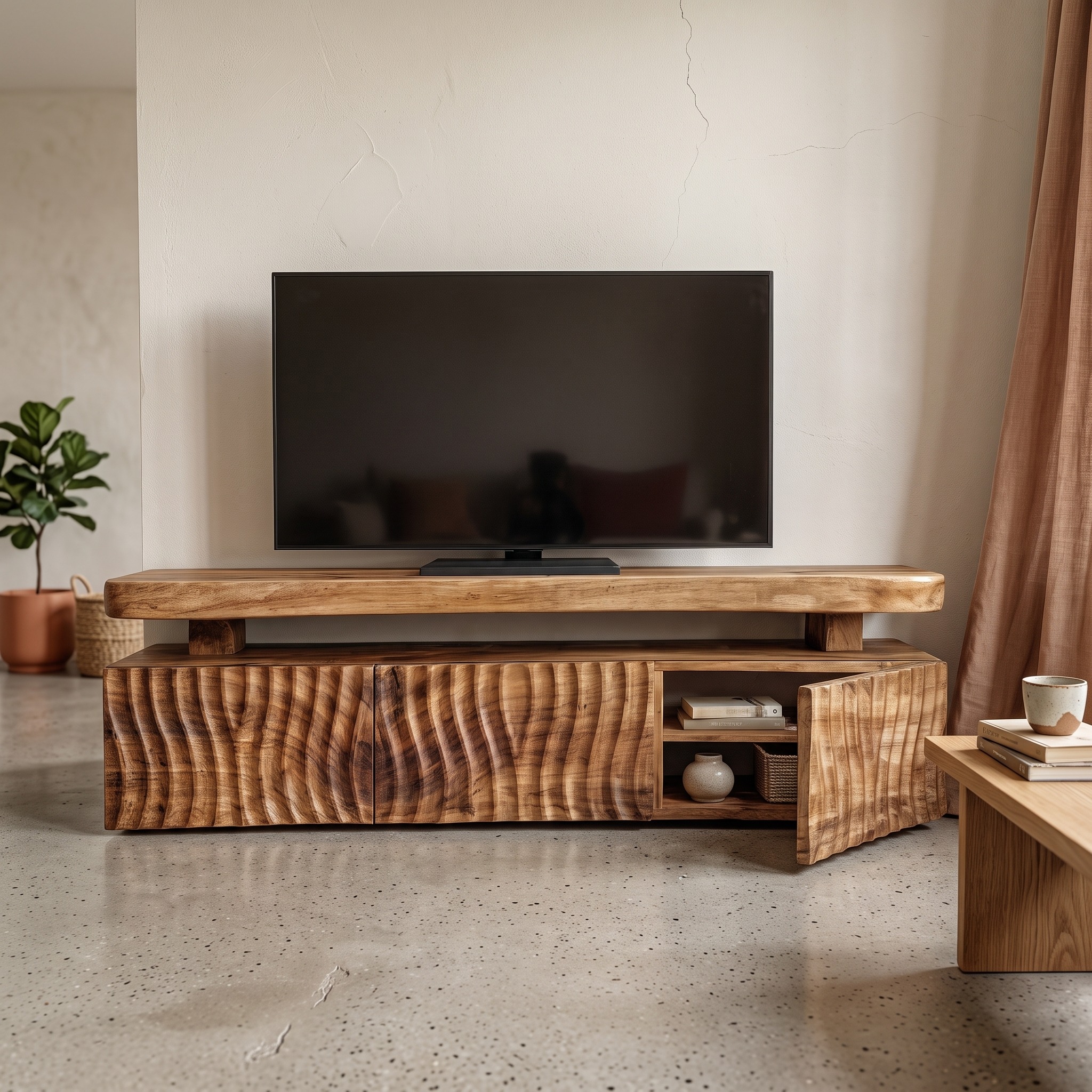 Modern TV Cabinet, Solid Wood Media Console with Unique Wave Pattern Storage for Living Room