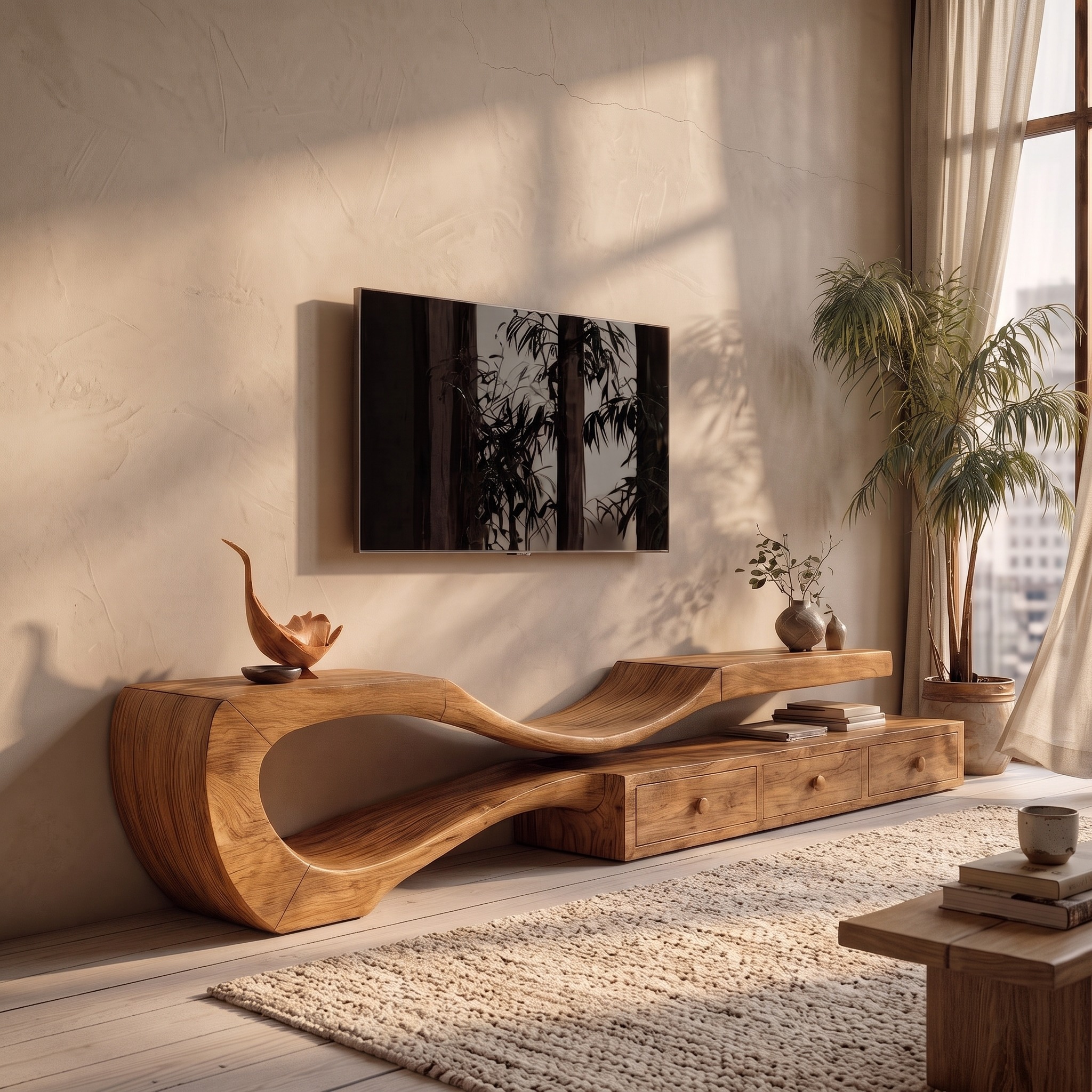 Modern TV Cabinet with Sculptural Curved Wood Base, Handcrafted Storage Drawers, Solid Wood Media Stand Credenza