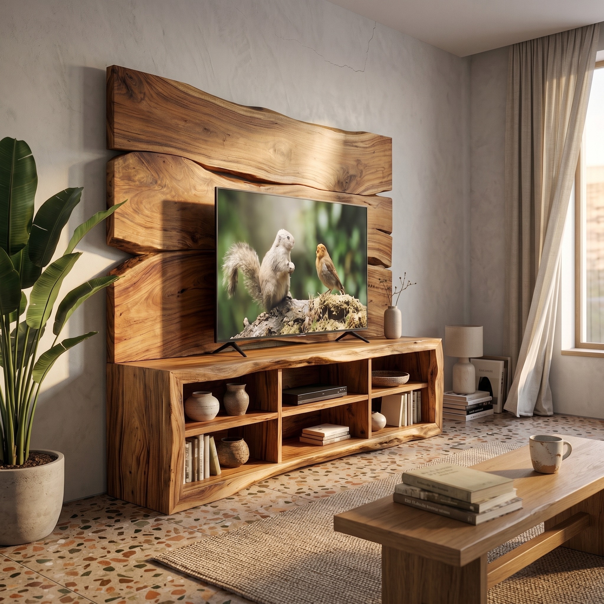 Modern TV Cabinet with Wood Wall Panel Living Room