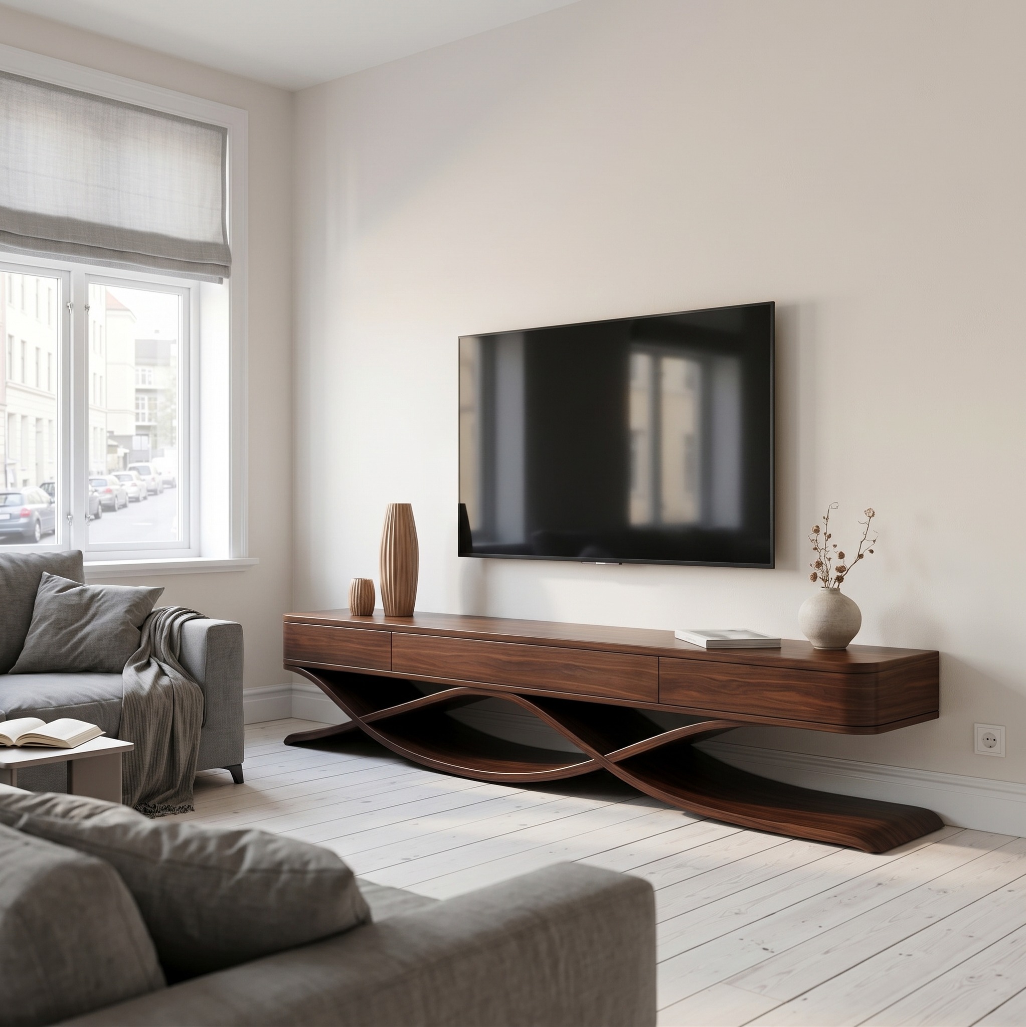 Modern TV Console with Interlocking Sculptural Base for Living Room