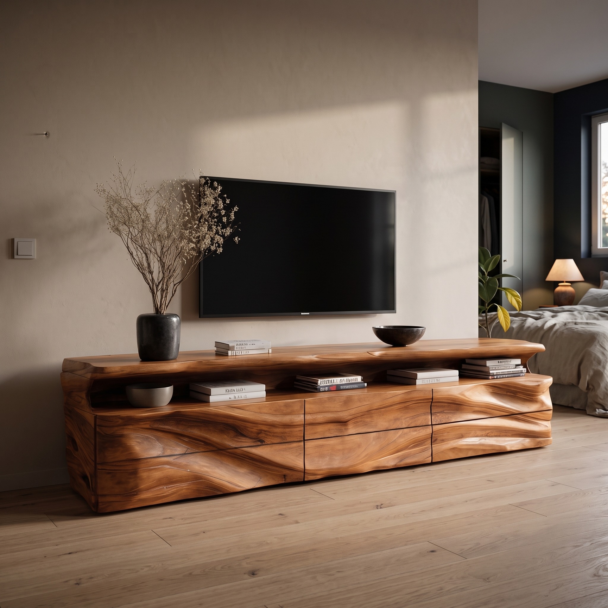 Modern TV Console with Open Shelf & Storage Drawers, Solid Wood Entertainment Media Center for Living Room