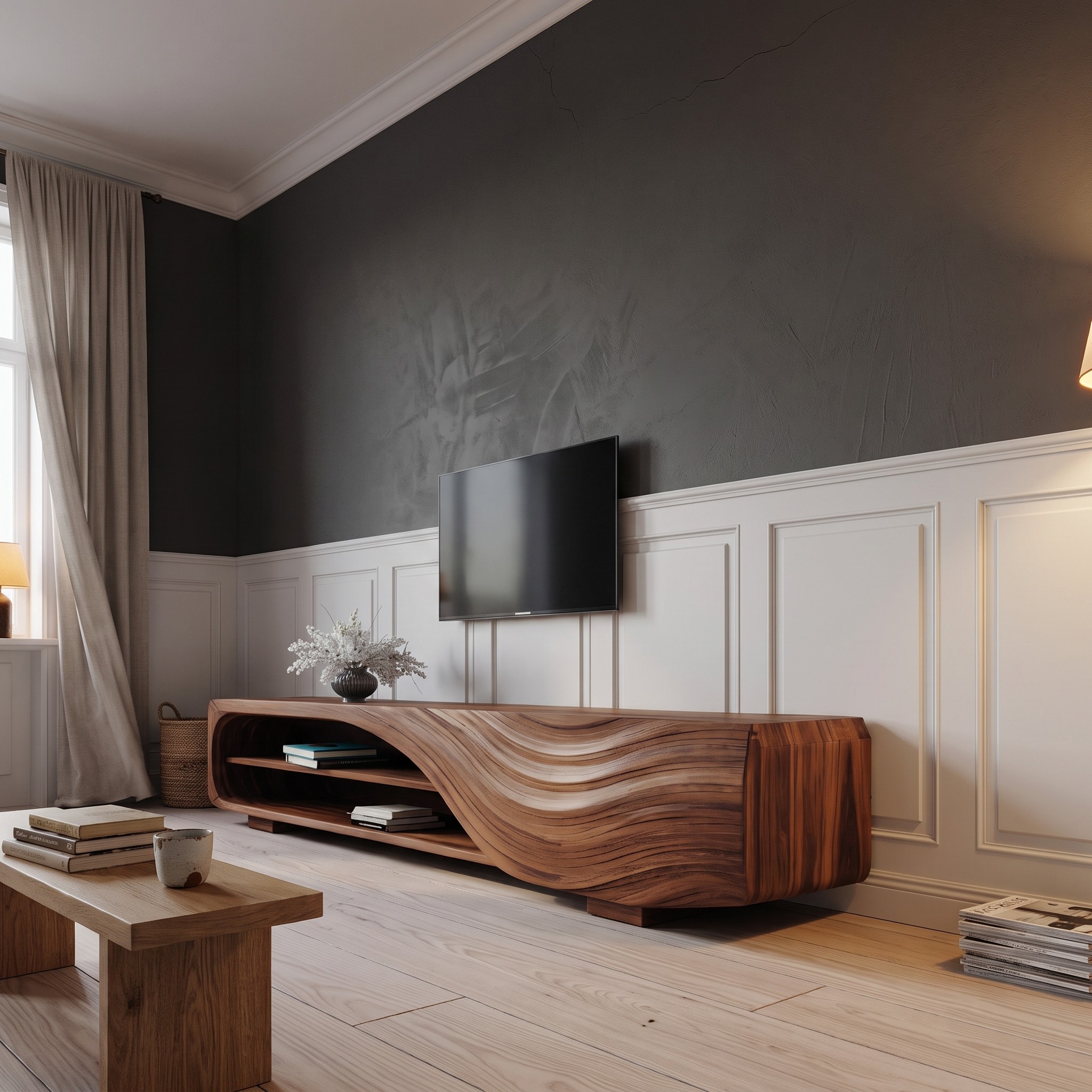 Modern TV Stand with Carved Wave Design for Living Room