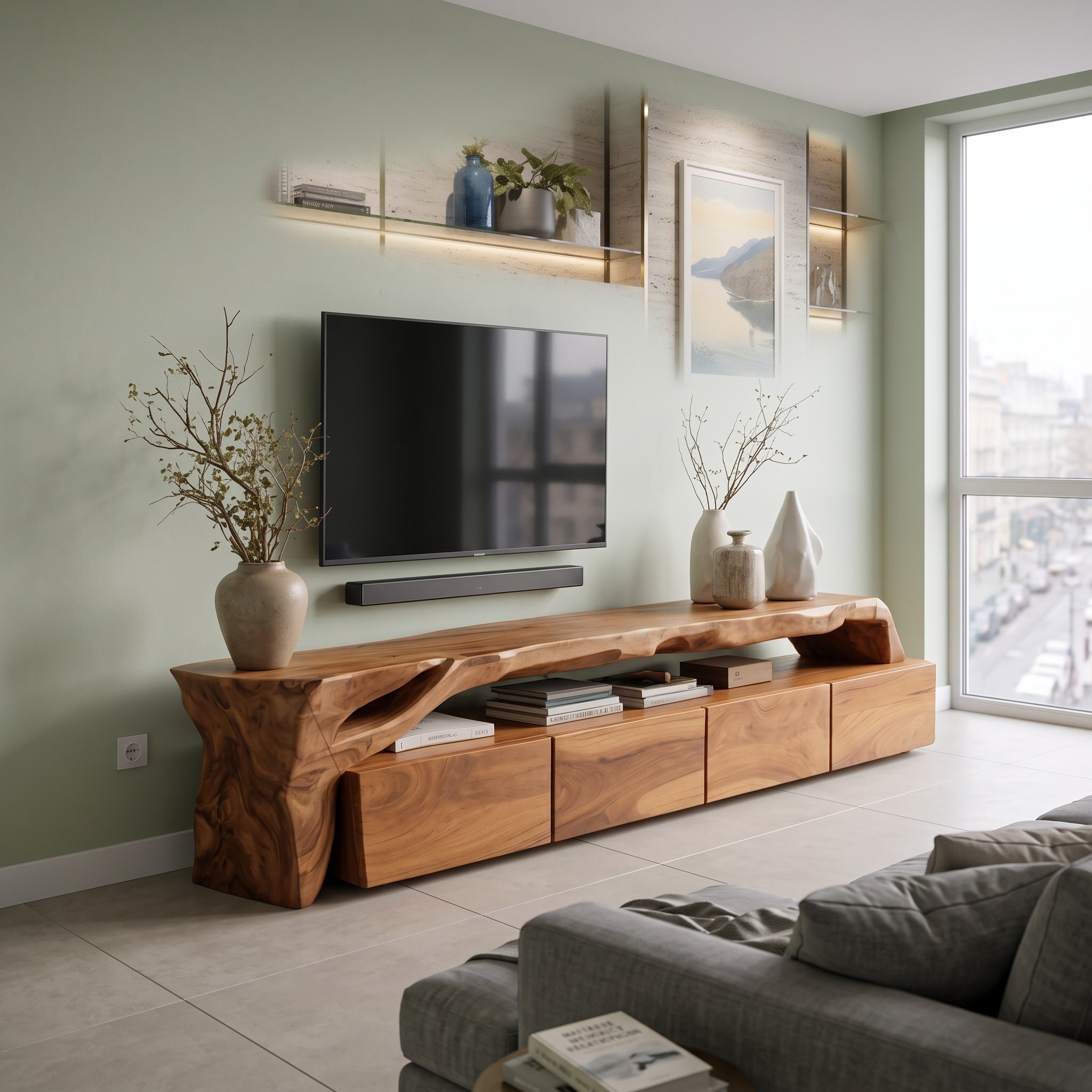 Modern TV Stand with Media Storage Drawers, Solid Wood Low Profile Entertainment Console for Living Room