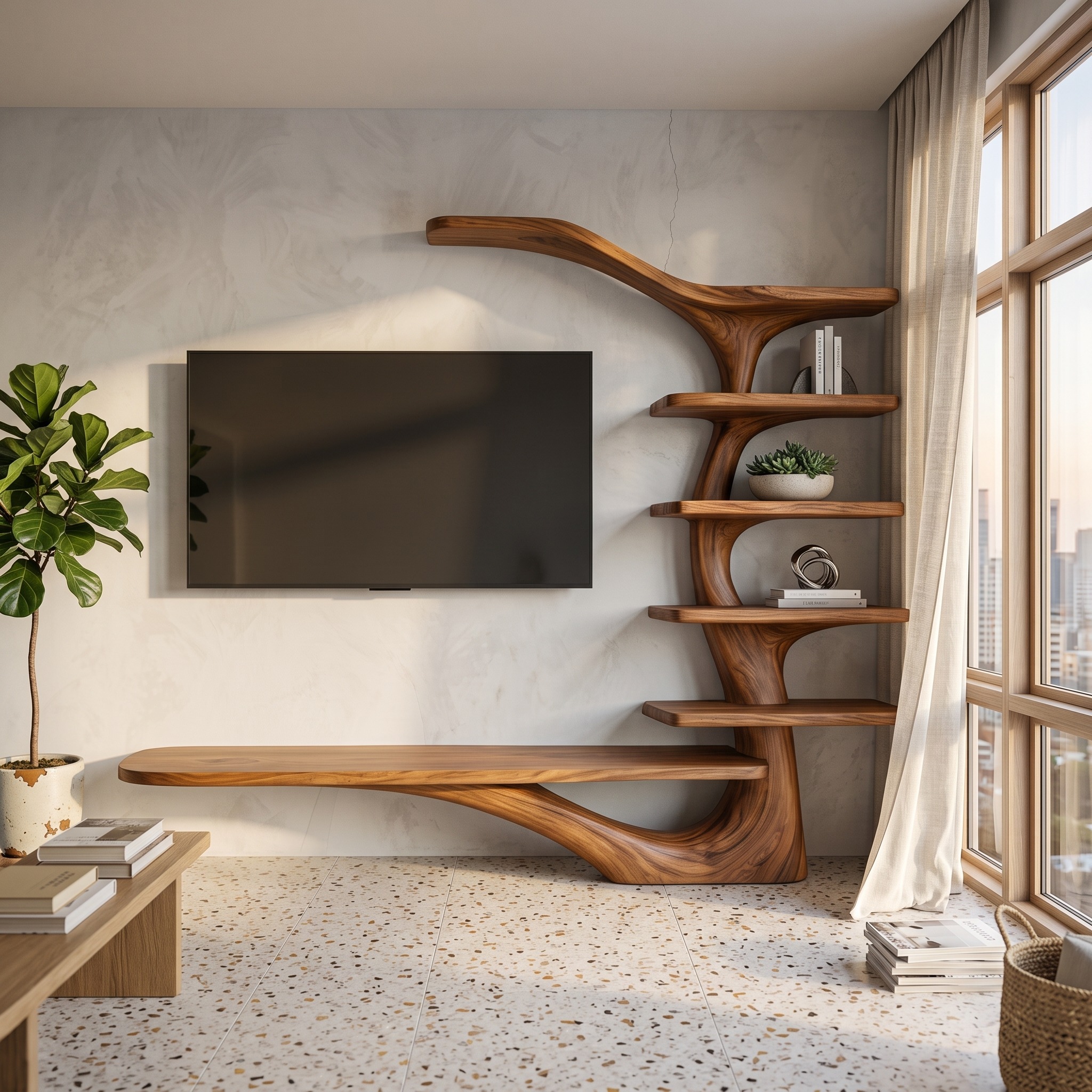 Modern TV Stand with Tree Inspired Shelf for Living Room