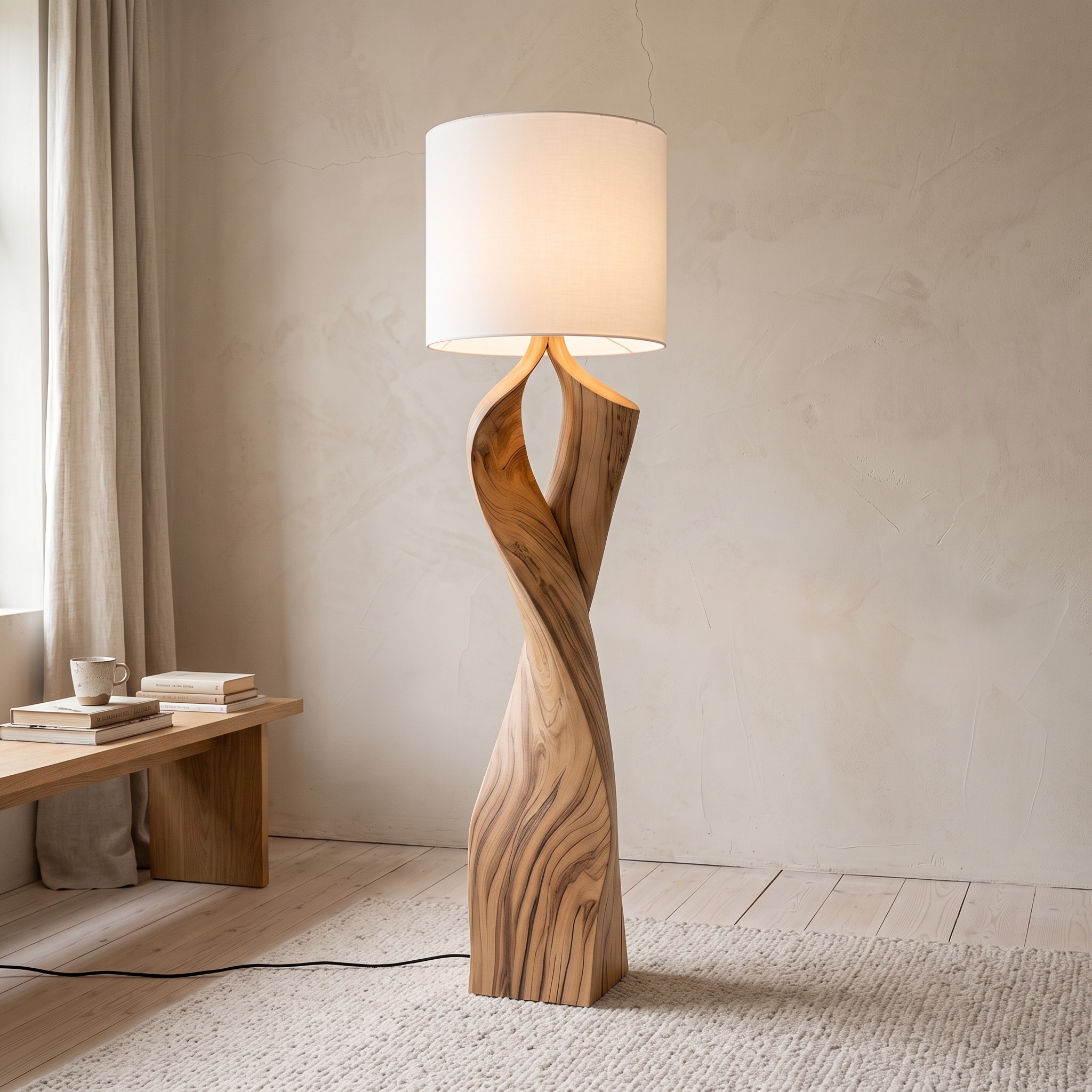 Modern Twisted Wood Floor Lamp, Sculptural Wooden Standing Light for Bedroom, Living Room & Office