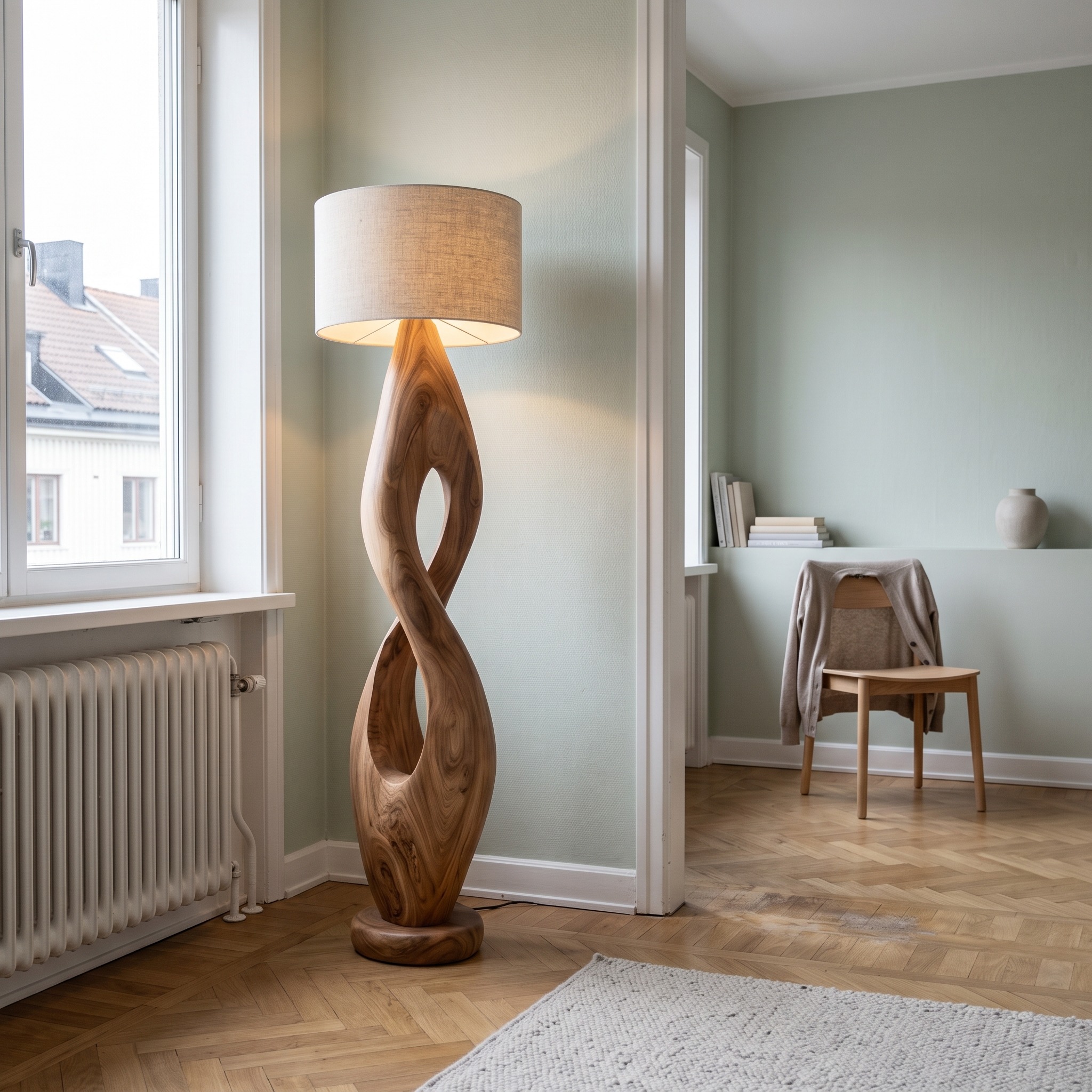 Modern Twisted Wooden Floor Lamp, Handcrafted Solid Wood Spiral Standing Light with Shade for Living Room, Model