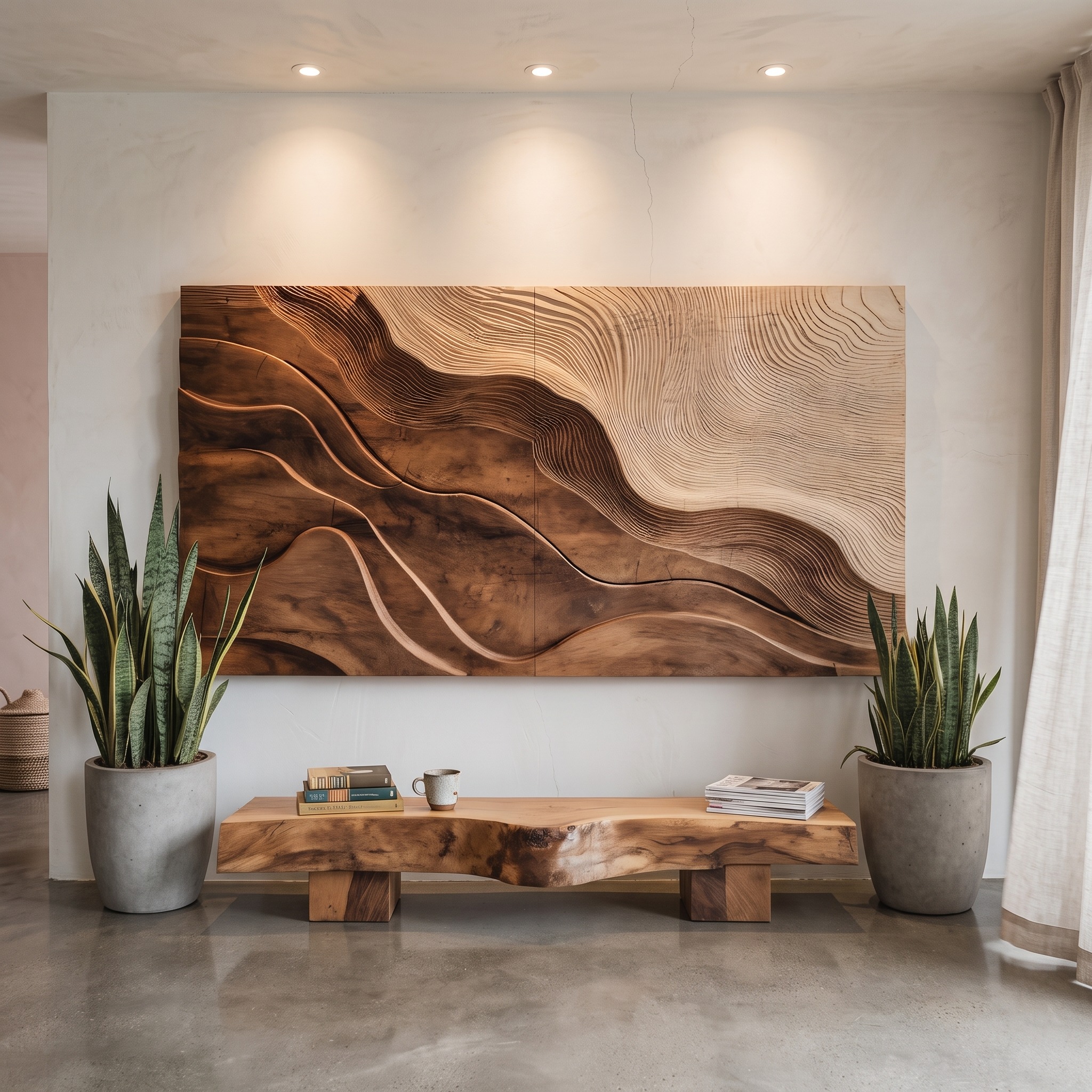 Modern Wall Art, Flowing Abstract Design 3D Hand-Carved Wood Wall Sculpture Panel for Living Room Decor