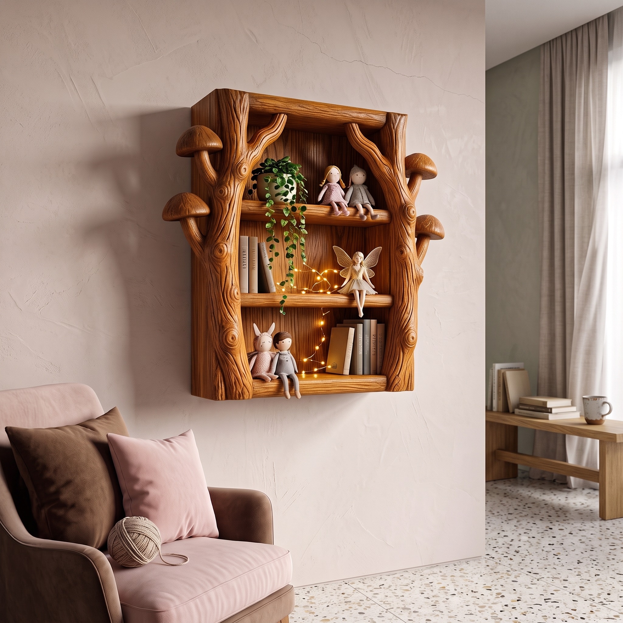 Modern Wall Bookshelf Handcrafted Tree Branch Design for Living Room