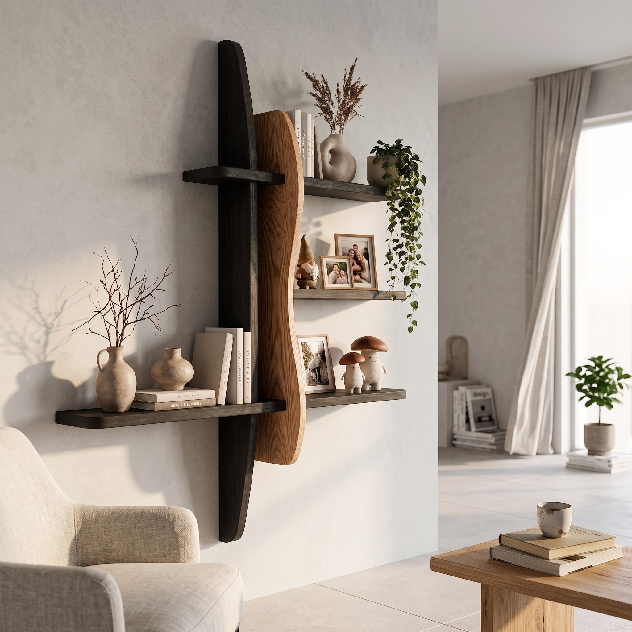 Modern Wall Bookshelf with Asymmetrical Open Shelves for Living Room