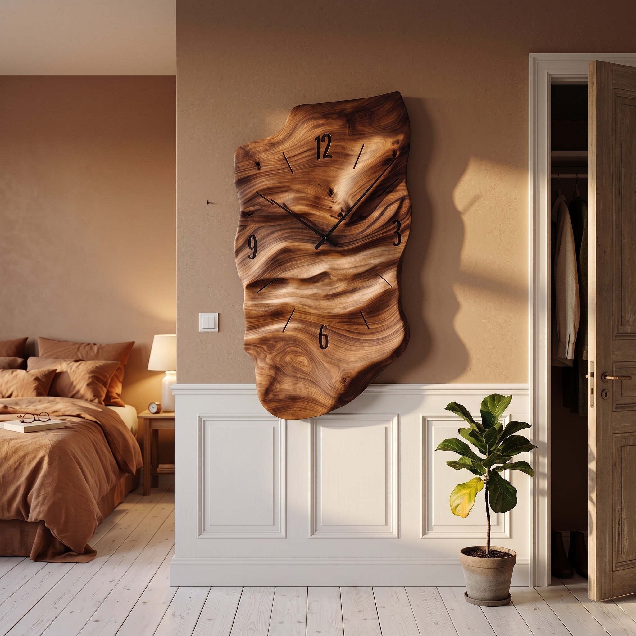 Modern Wall Clock, Carved Wood Circular Abstract Design Hanging Clock for Living Room & Bedroom Wall Decor