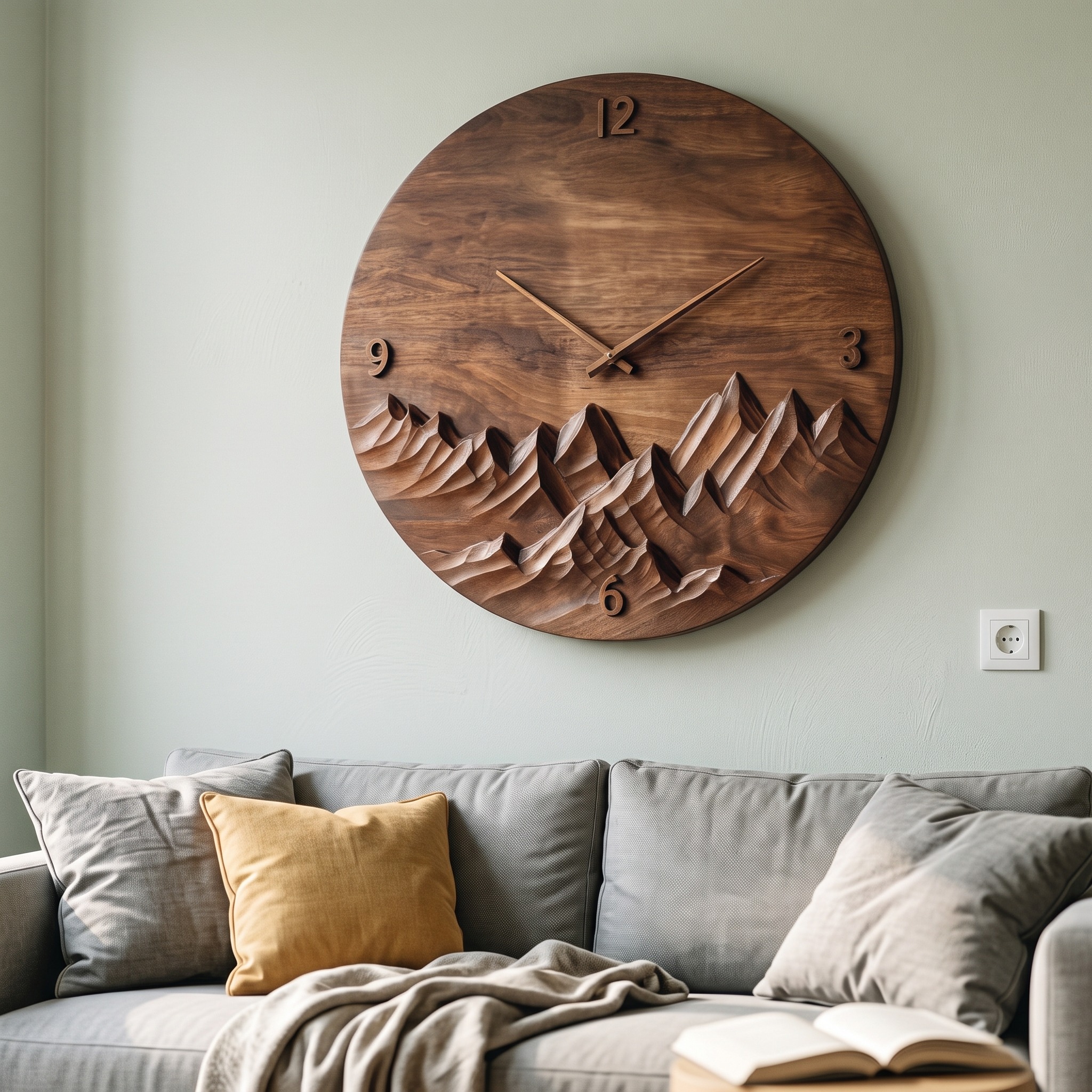 Modern Wall Clock Mountain Landscape, Handcrafted Wooden Hanging Art Timepiece for Cozy Living Room