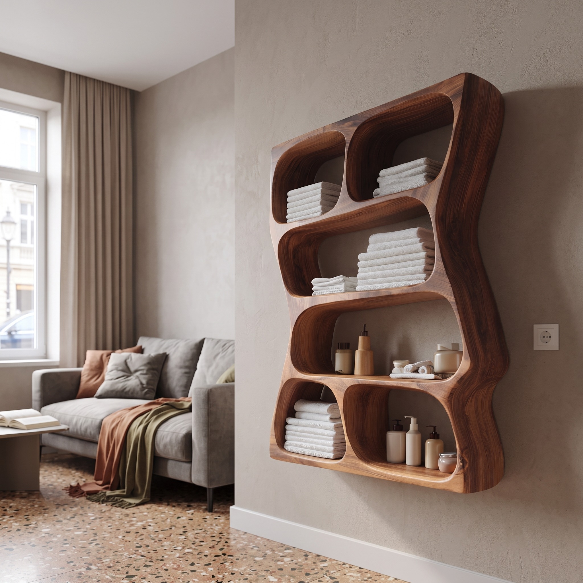 Modern Wall Mounted Bathroom Shelf, Wooden Floating Towel & Cosmetic Storage Organizer, Model