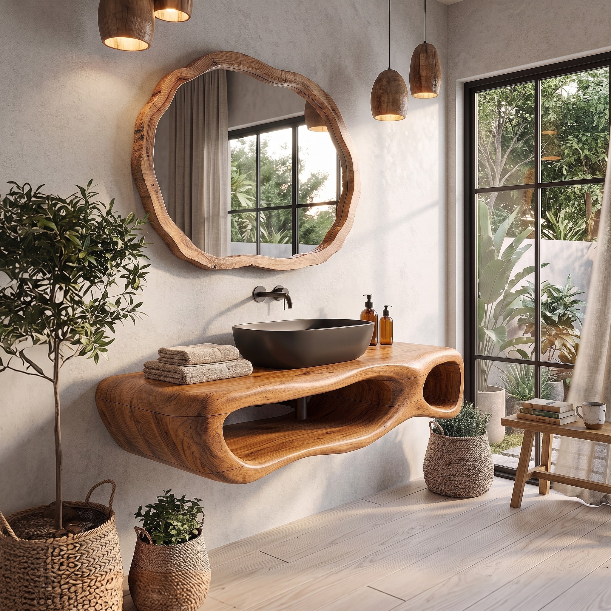 Modern Wall Mounted Bathroom Vanity with Organic Wood Base for Bathroom