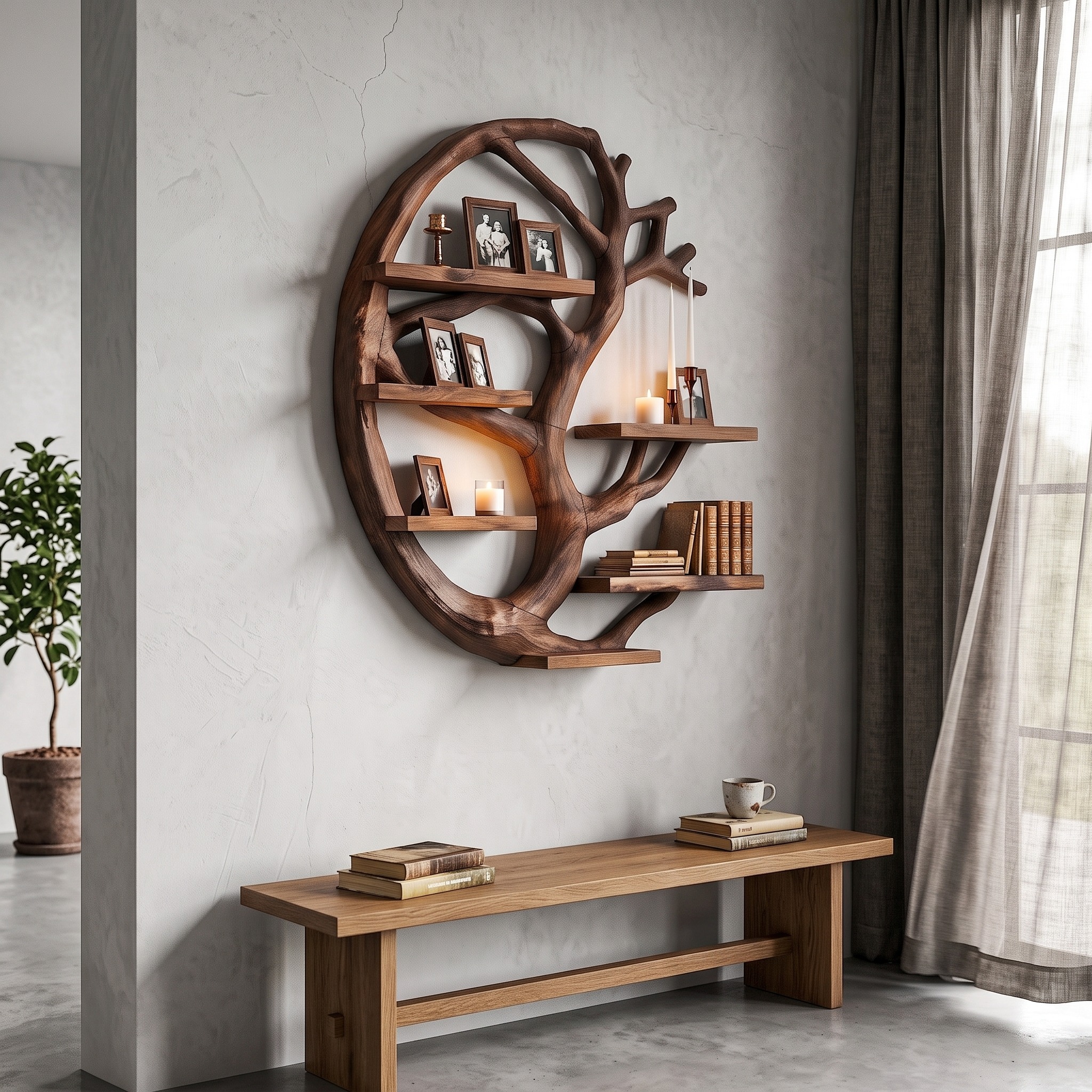 Modern Wall Mounted Shelf with Circular Tree Silhouette for Living Room and Bedroom