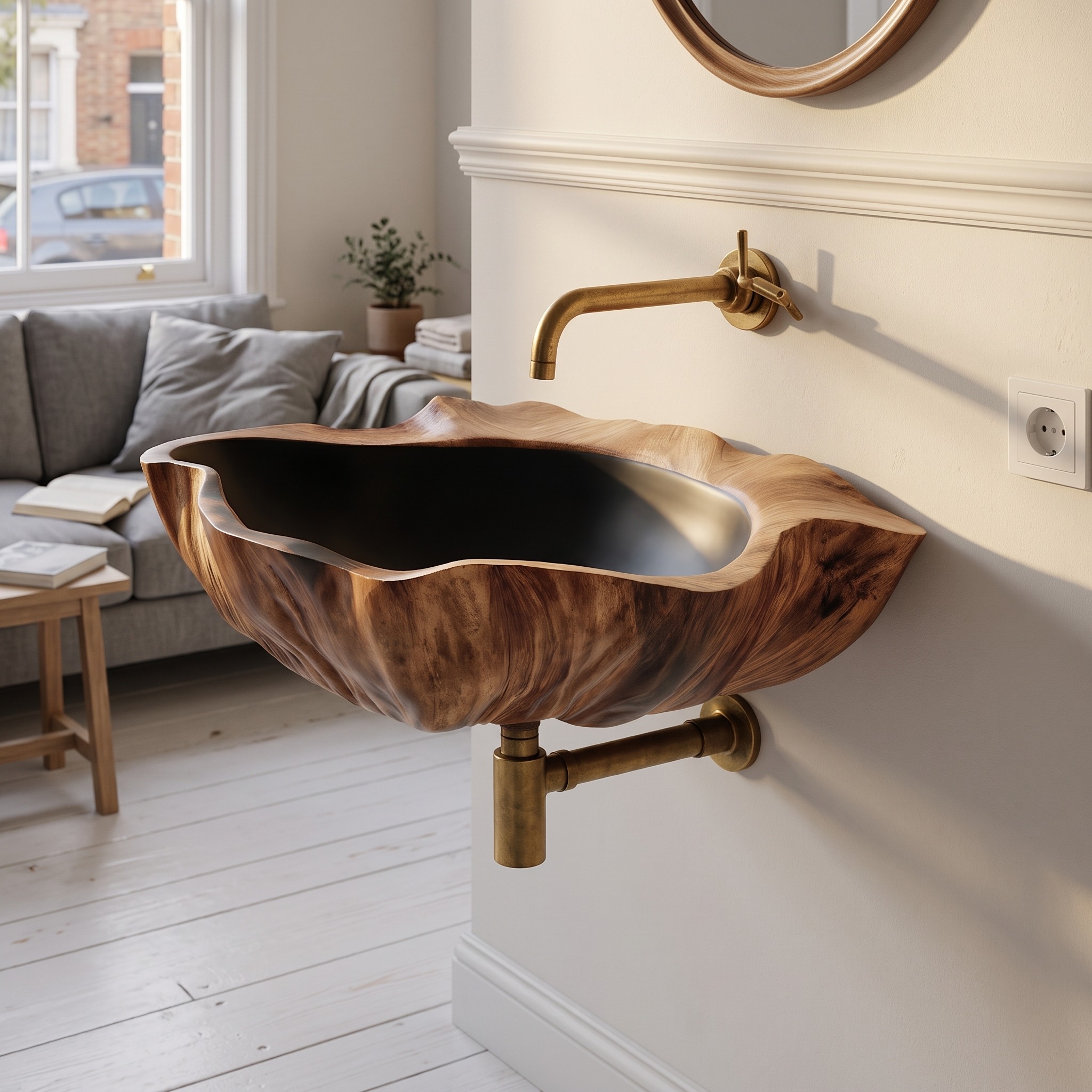 Modern Wall Mounted Wooden Bathroom Vanity Sink, Handcrafted Floating Wood Basin Cabinet for Sleek Powder Room Decor