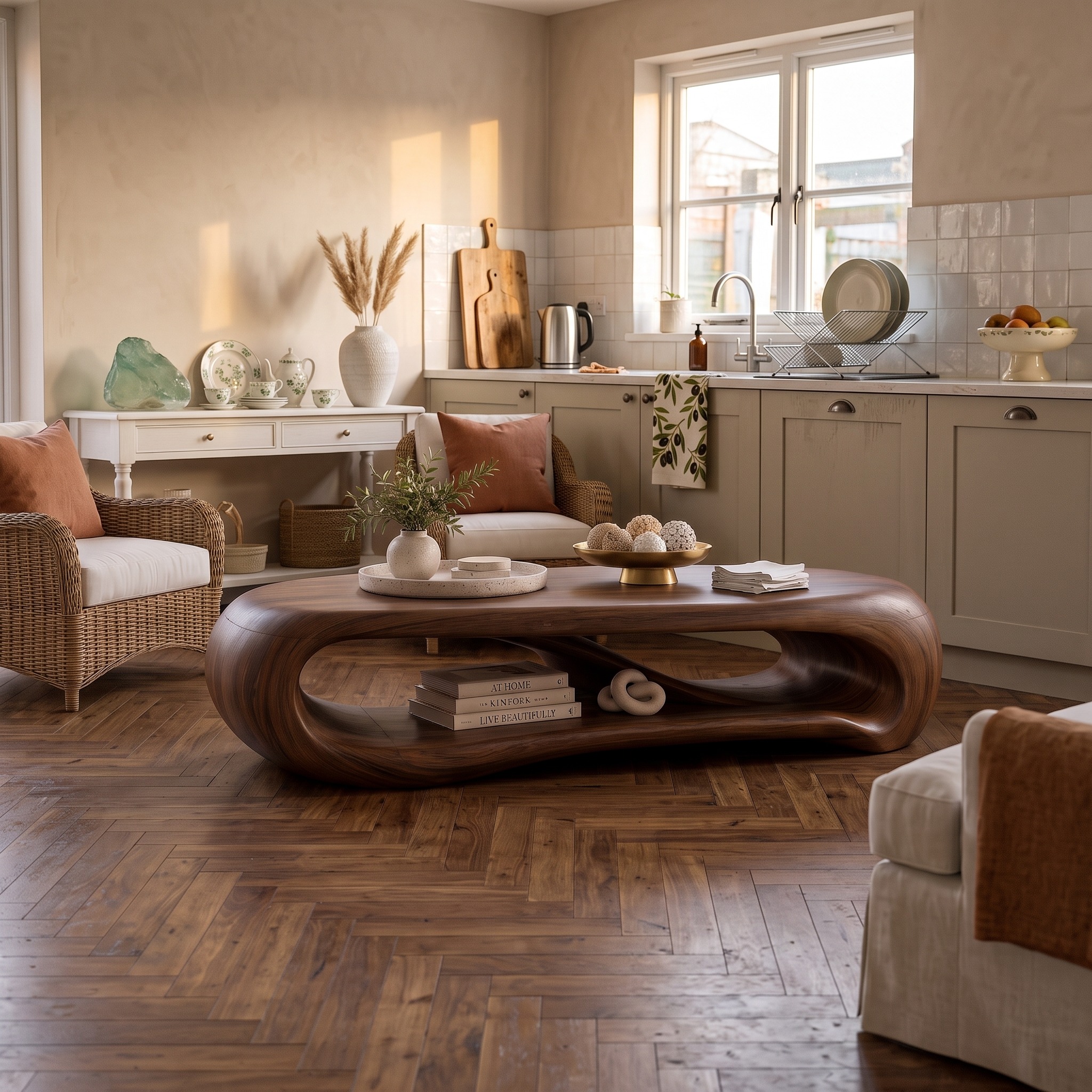 Modern Walnut Coffee Table with Soft Rounded Ends for Living Room