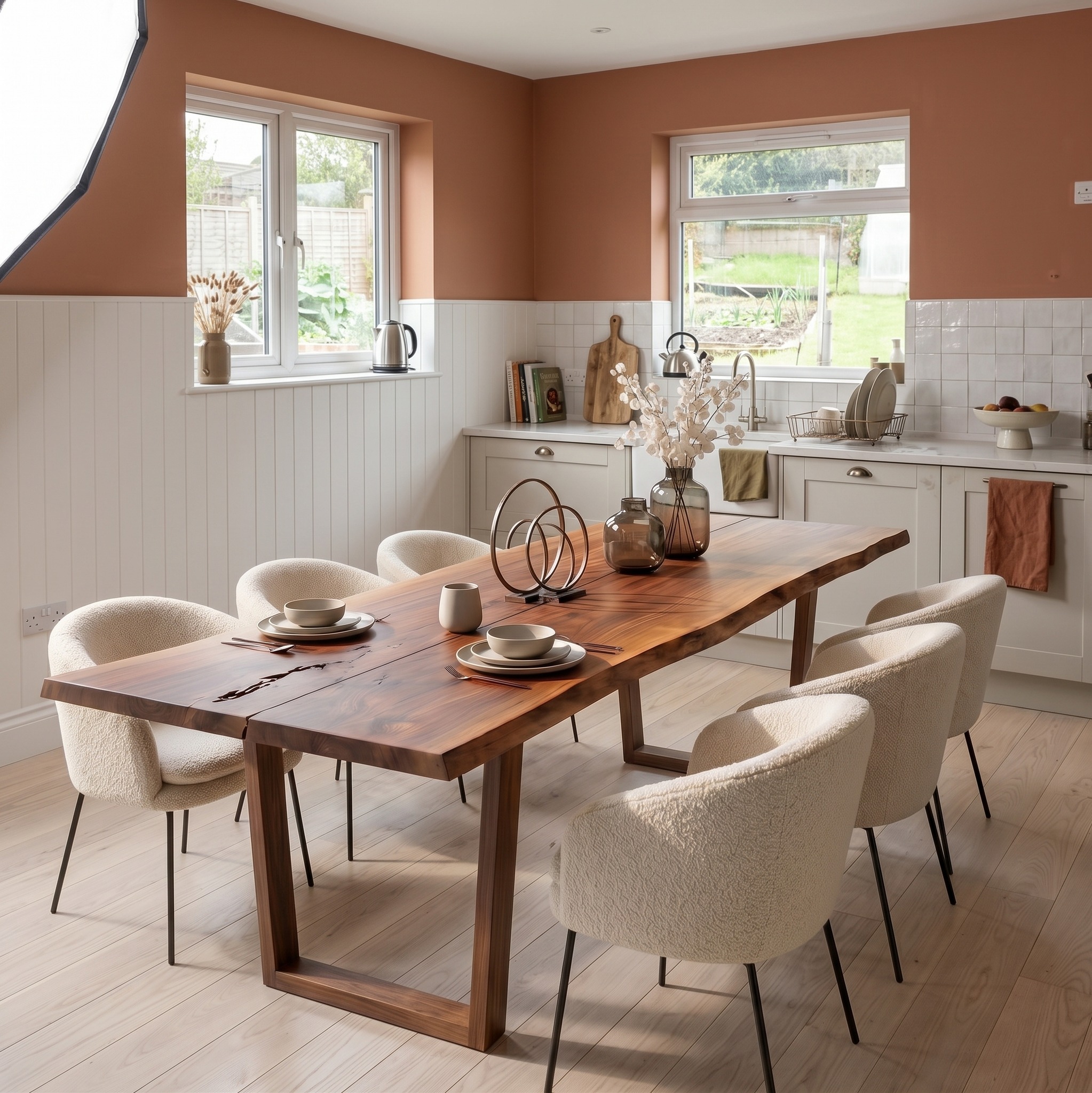 Modern Walnut Dining Table with Minimalist U-Shape Base, Luxury Solid Wood Kitchen Table for Dining Room