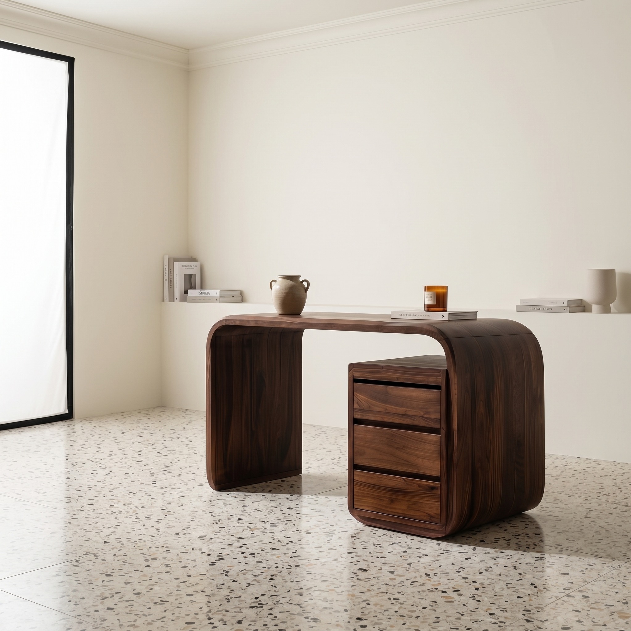 Modern Walnut Vanity Table, Bedside Makeup Console Desk with Open Storage Shelves, Solid Wood Bedroom Furniture