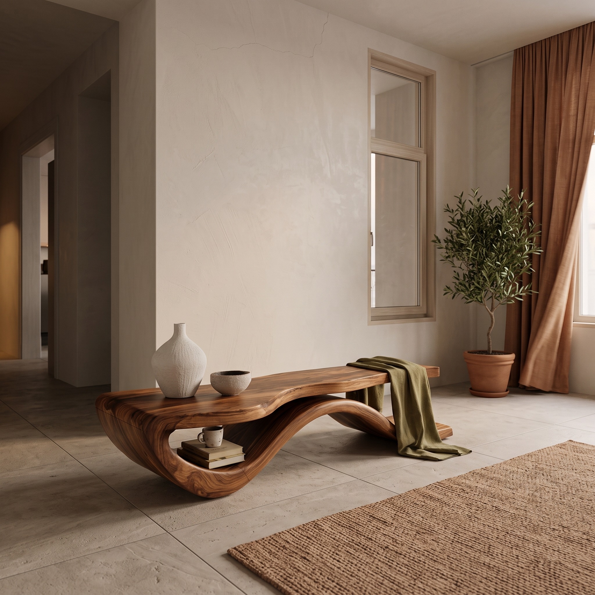 Modern Wave Base Wooden Bench for Entryway