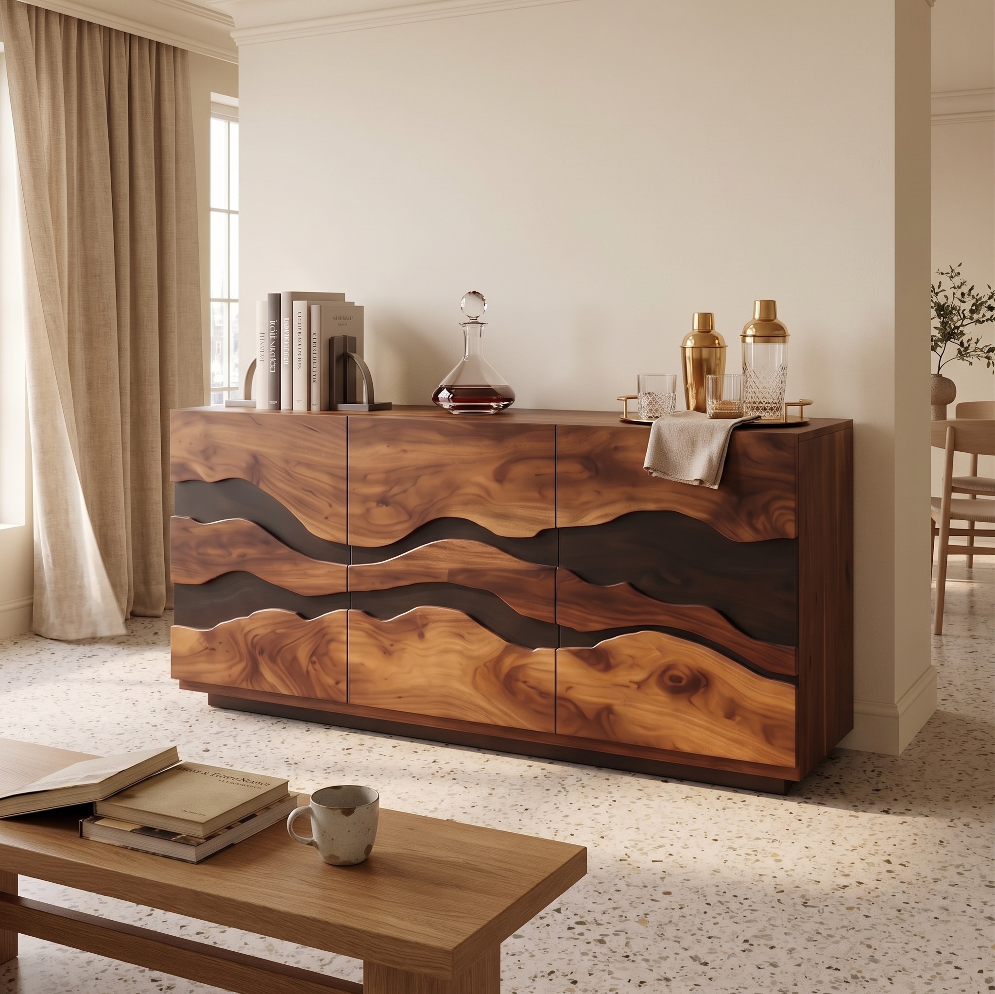 Modern Wave Carved Liquor Cabinet Dining Room