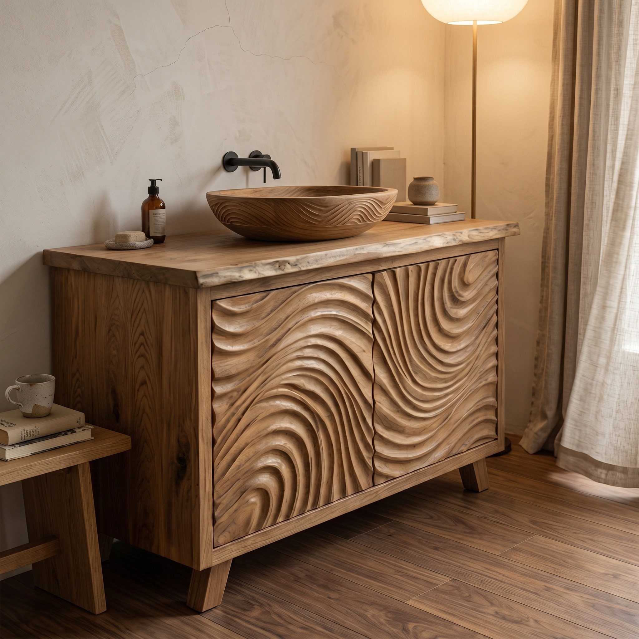 Modern Wave Carved Solid Wood Bathroom Vanity Freestanding Cabinet