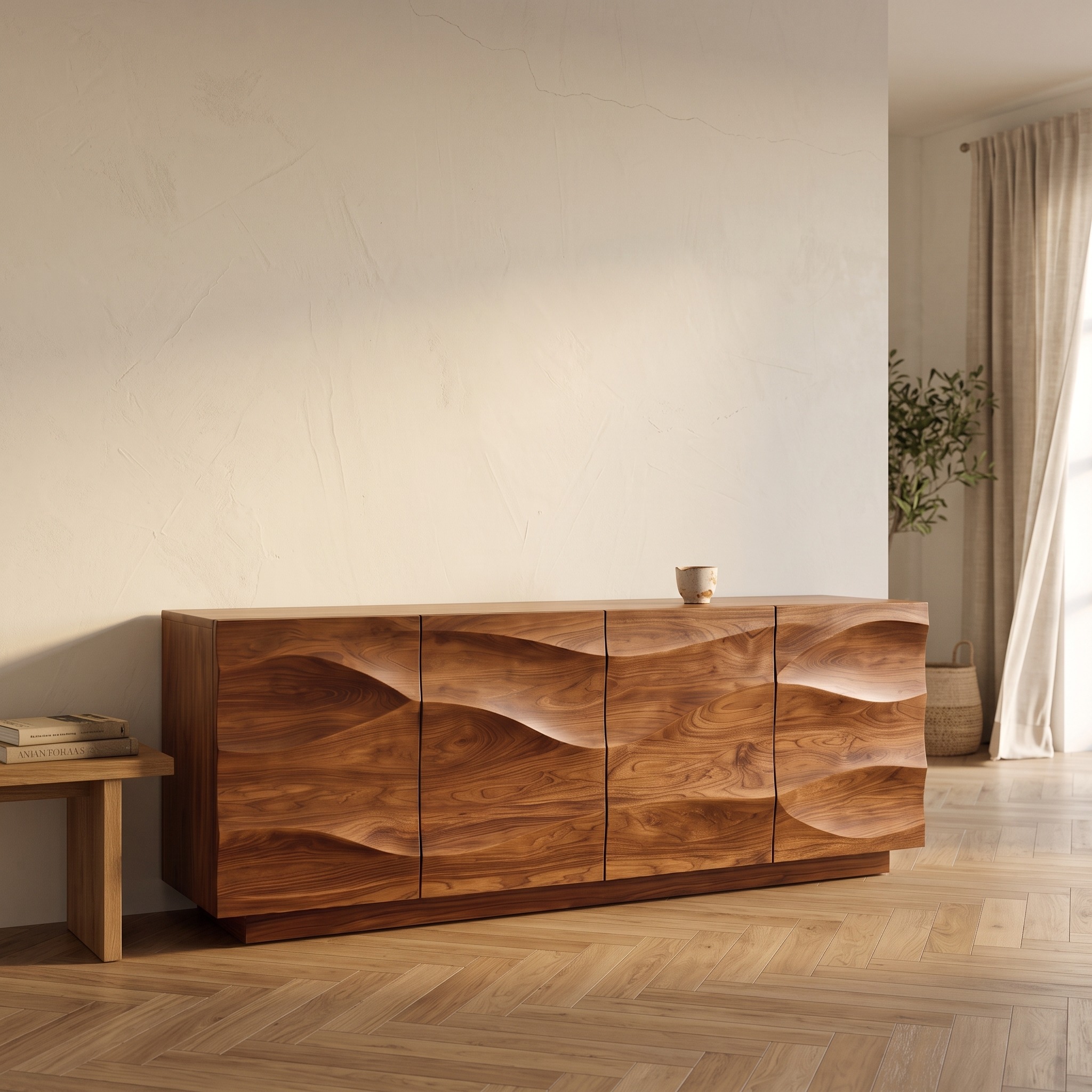 Modern Wave Sideboard, Sculptural Wood Buffet Cabinet & Credenza for Dining Room or Living Room Storage