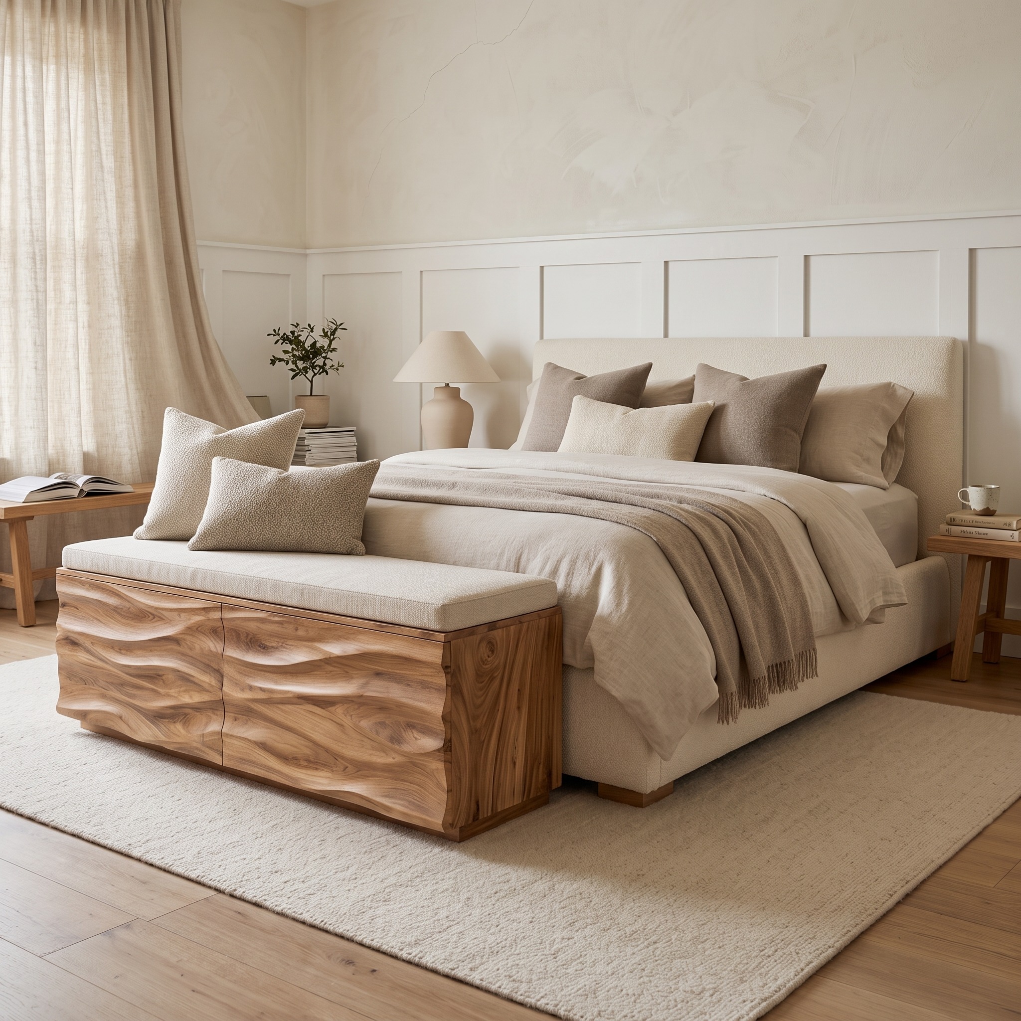 Modern Wave Solid Wood Storage Bench, Entryway Storage Trunk Chest, End of Bed Bench Organizer for Bedroom