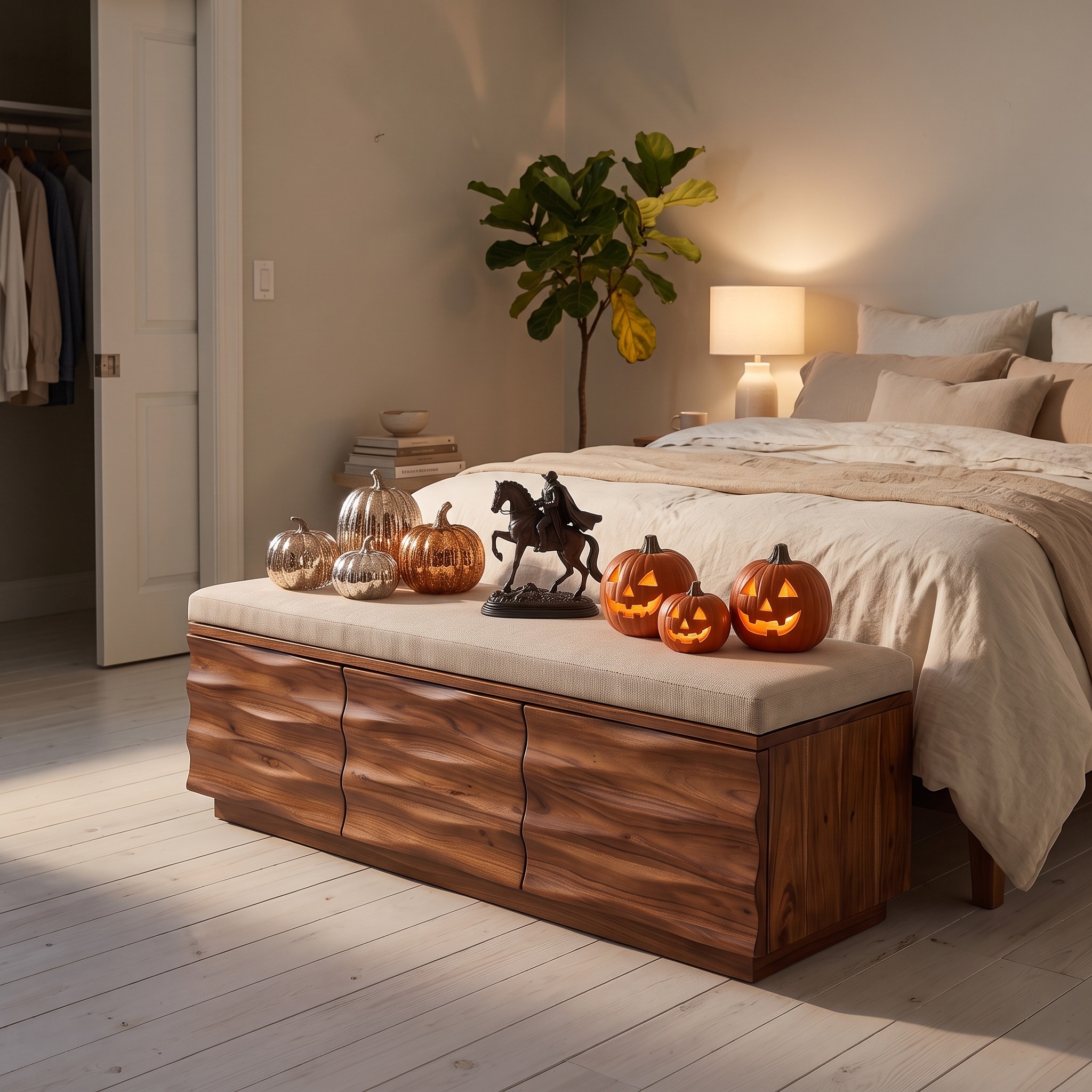 Modern Wave Storage Bench Cushion for Halloween Fall Decor