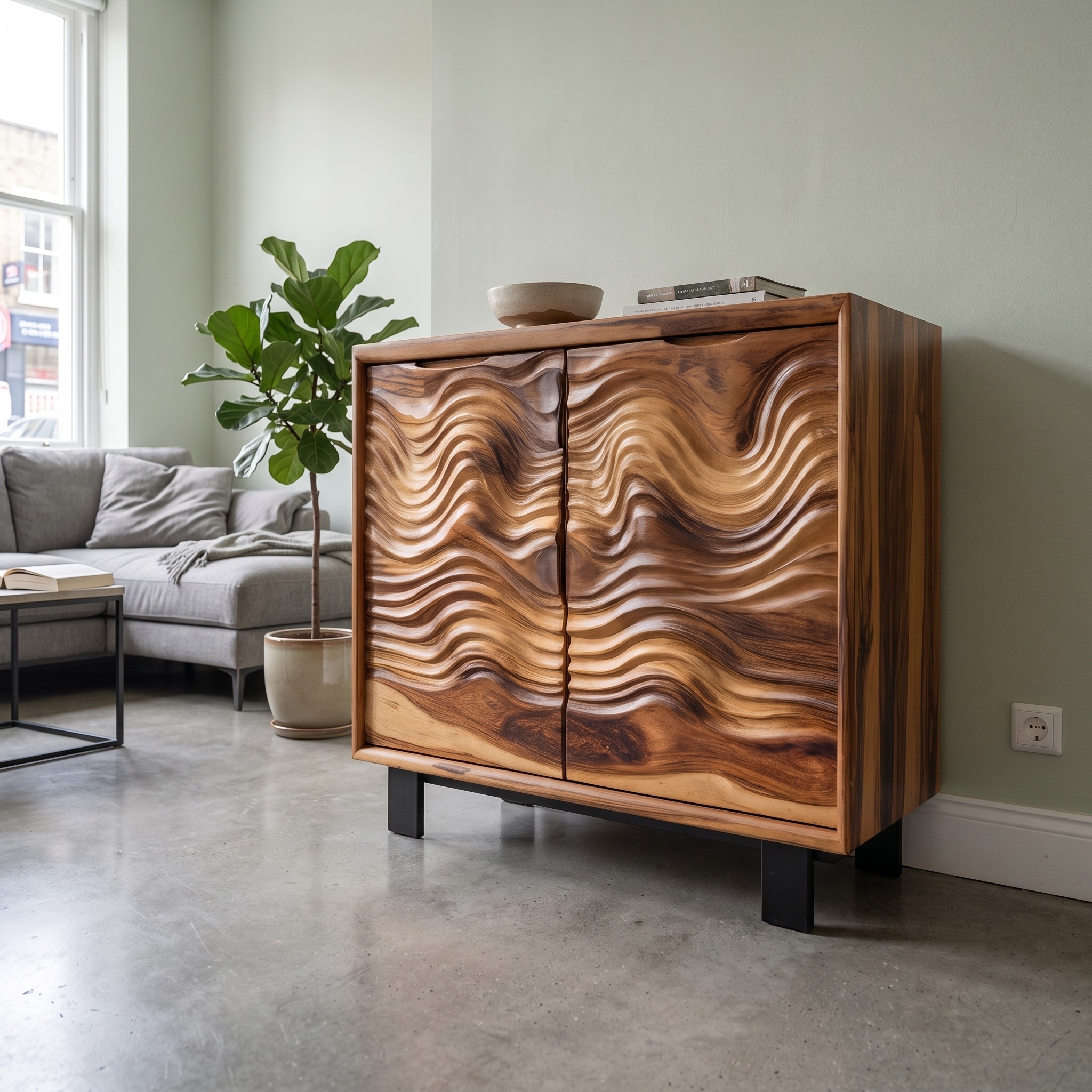 Modern Wavy Front Wooden Cabinet, Artistic Solid Wood Sideboard & Buffet Credenza for Entryway & Living Room