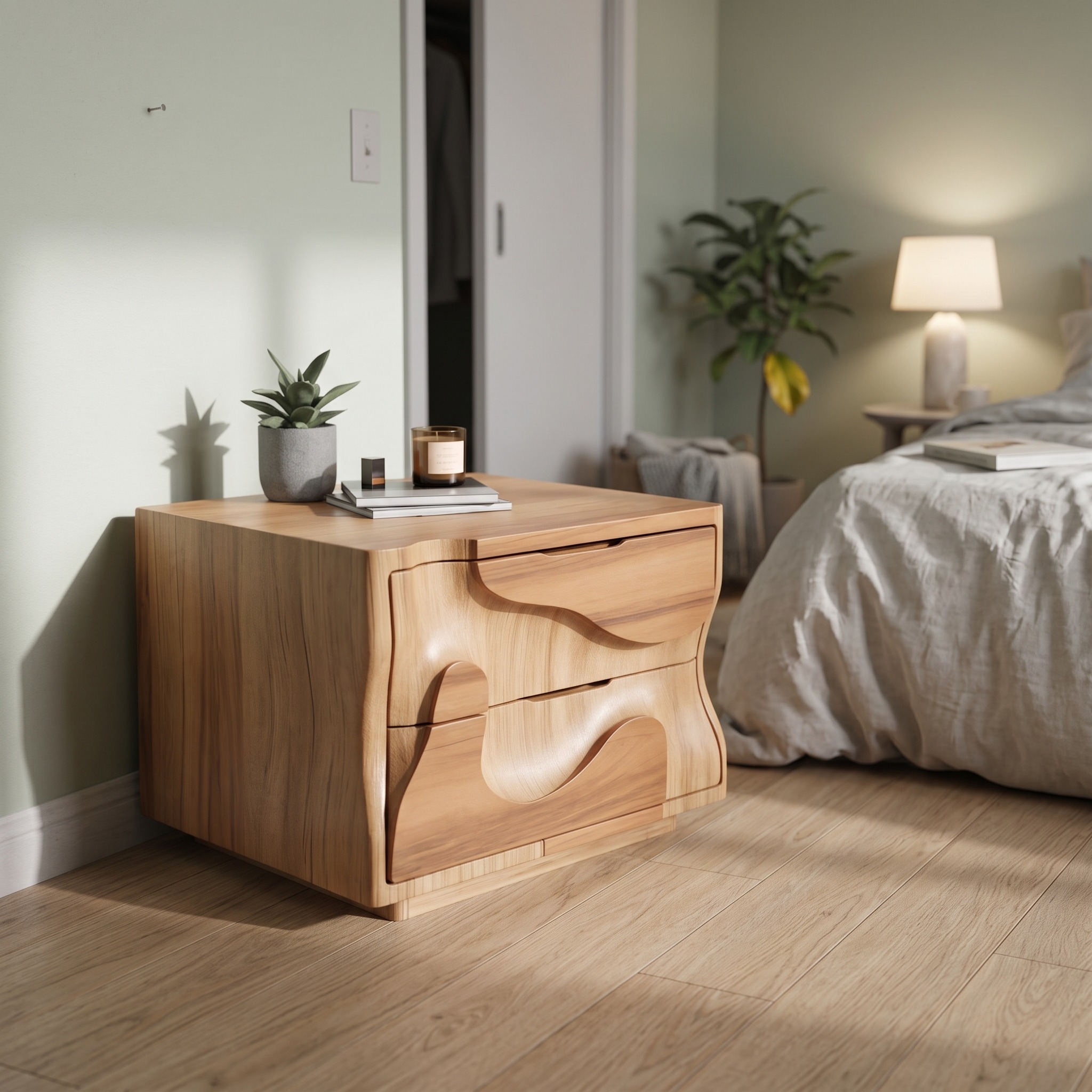 Modern Wavy Nightstand with Carved Drawer, Handcrafted Solid Wood Bedside Cabinet & End Side Accent Table for Bedroom