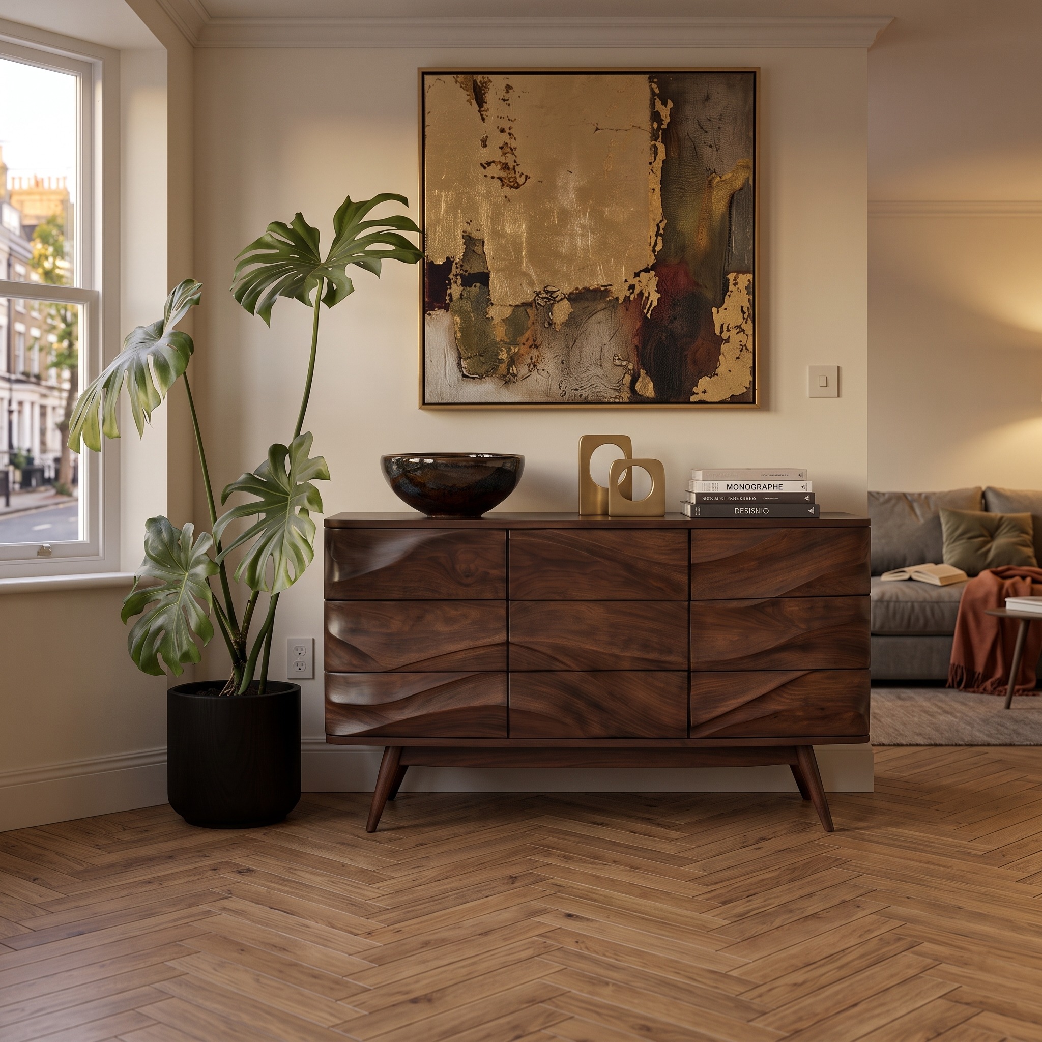 Modern Wavy Sideboard, Handcrafted Curved Solid Wood Credenza Cabinet & Buffet Console for Living Room & Dining