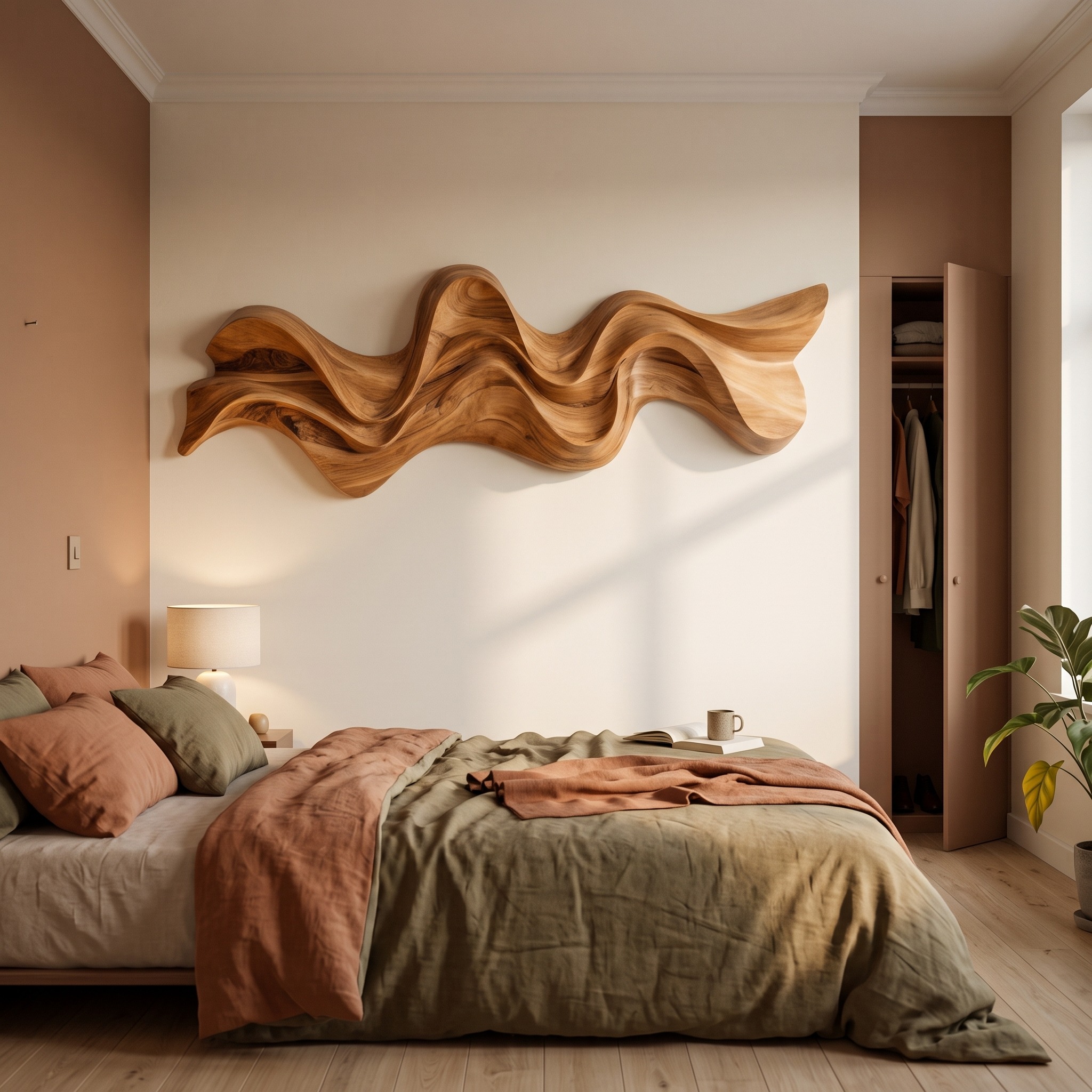Modern Wavy Wall Art Sculpture, 3D Abstract Fluid Wave Carved Wood Wall Panel for Living Room & Office Decor