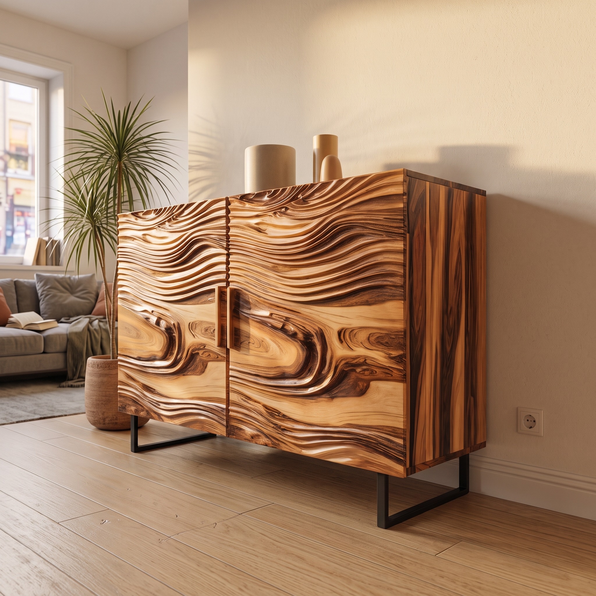 Modern Wavy Wood Sideboard Sculptural Cabinet for Entryway or Living Room