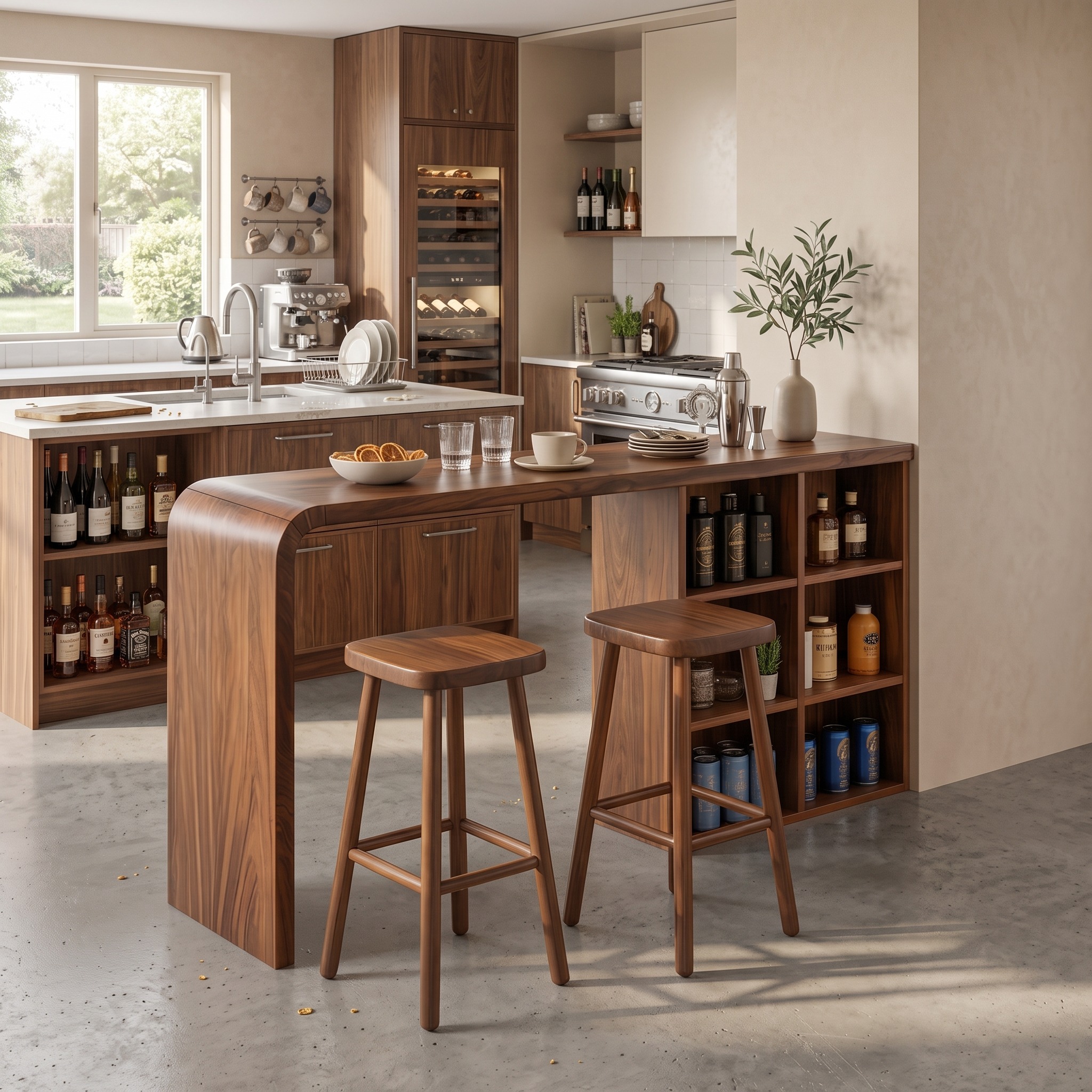 Modern Wood Bar Table with Storage Shelves for Kitchen, Home Mini Bar, or Dining Area, Pub Height Bistro Table