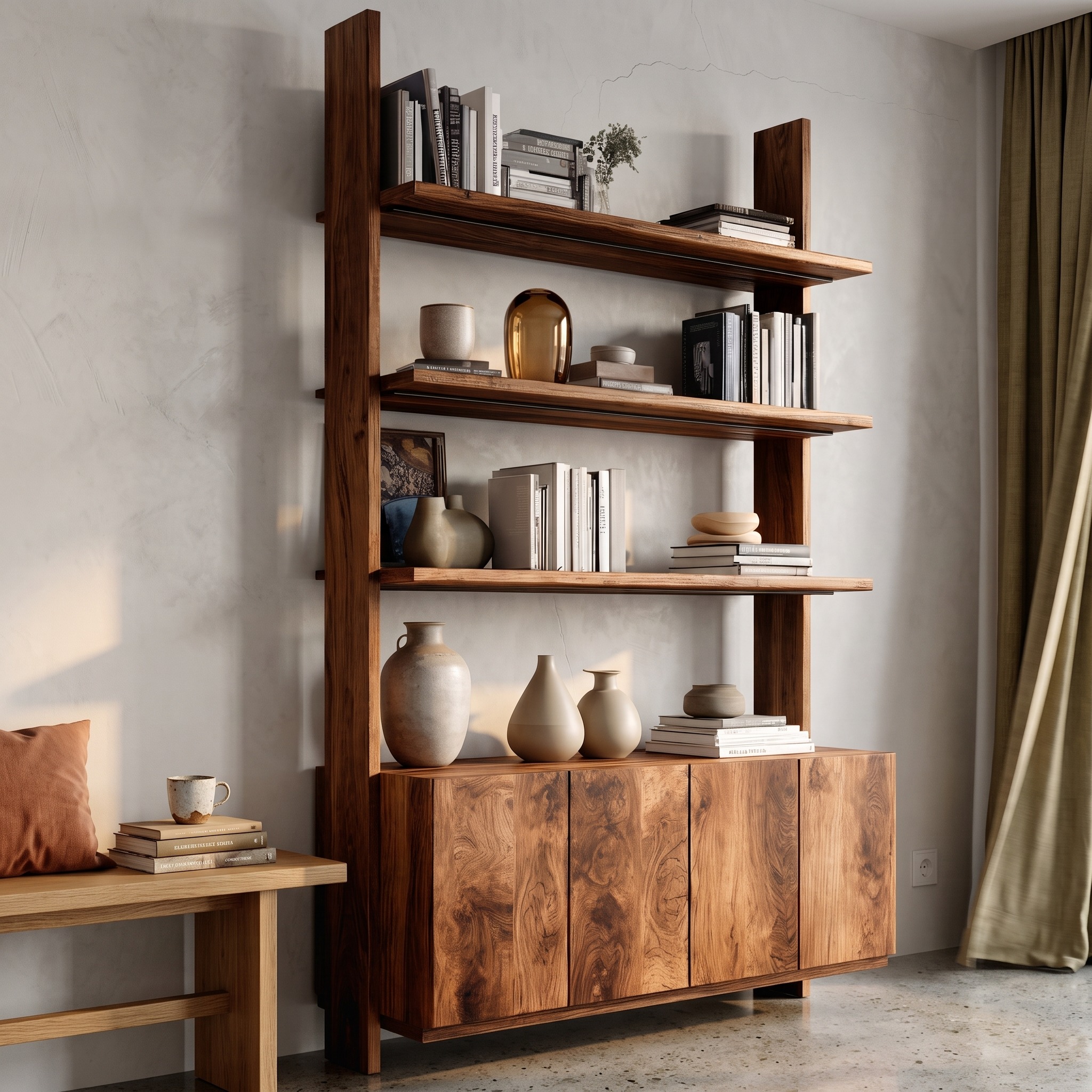 Modern Wood Bookshelf with Open Storage Shelves & Drawers, Handcrafted Bookcase for Living Room & Office