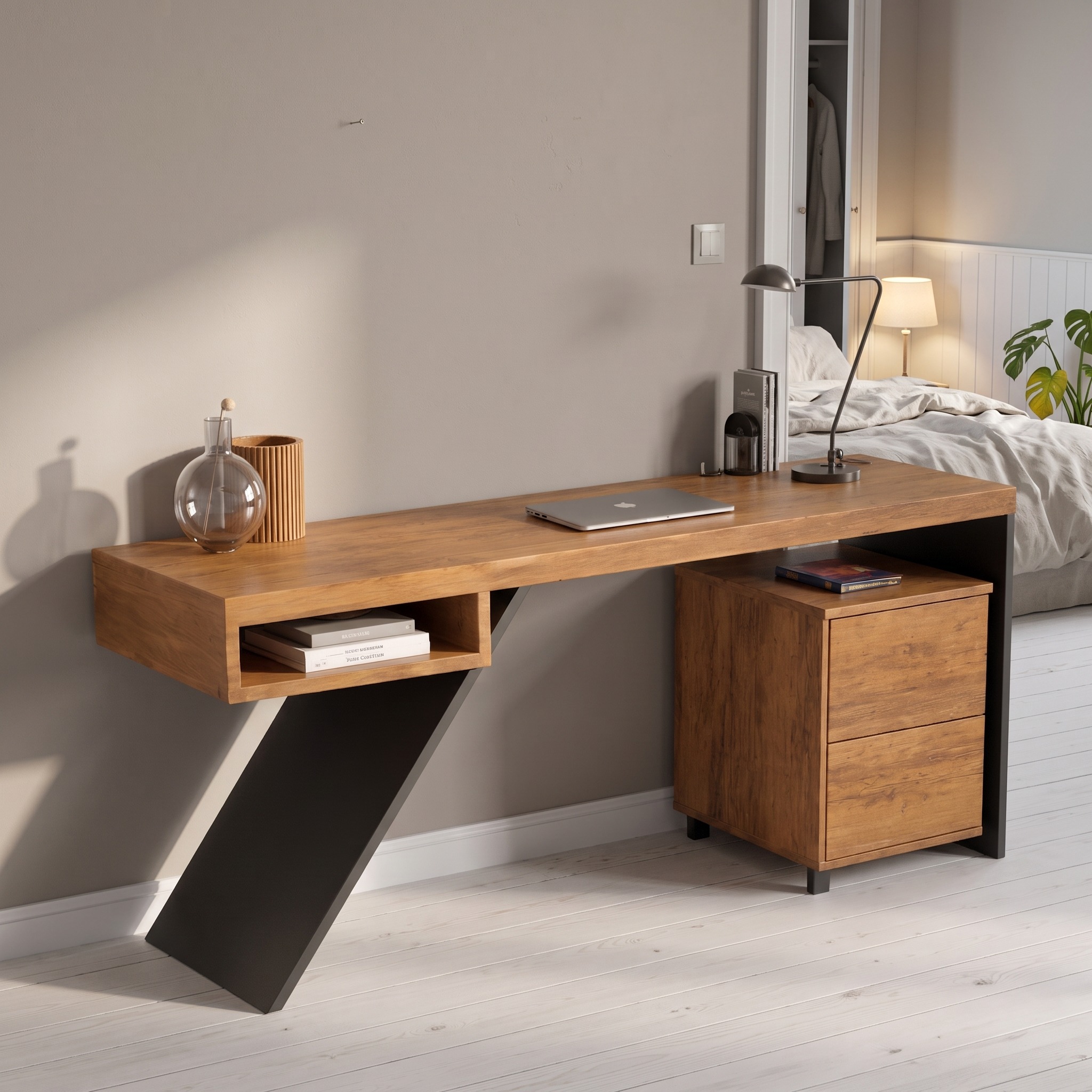 Modern Wood Desk with Storage Cabinet, Solid Wood Computer Writing Table, Study Desk for Home Office, Studio