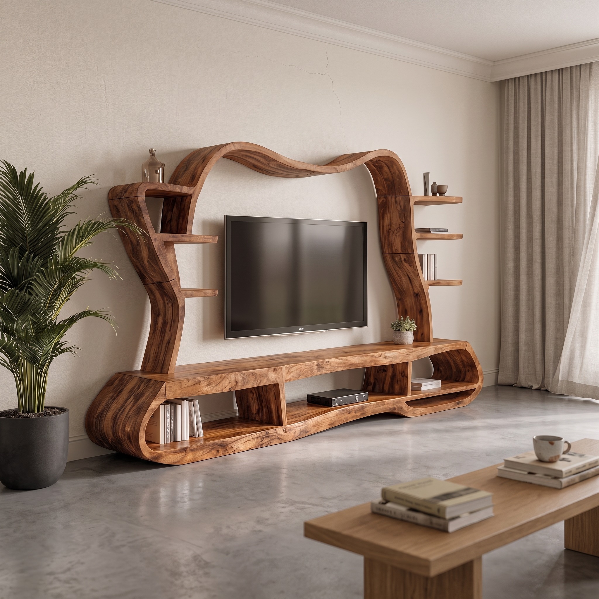 Modern Wood Entertainment Center with Sculptural Curved Shelving, Luxury Living Room TV Stand Console