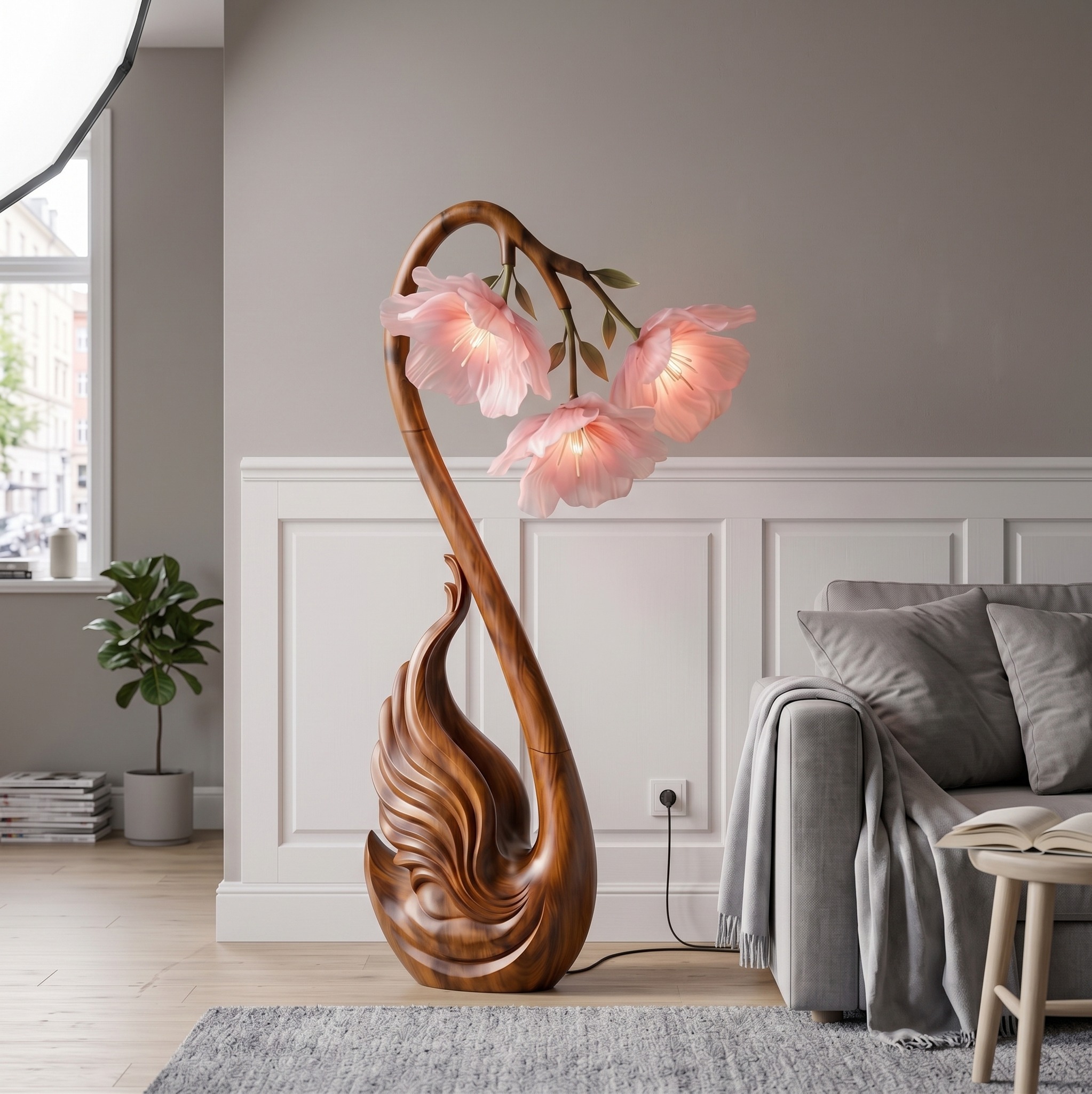 Modern Wood Floor Lamp, Handcrafted Sculptural Flower Shape Standing Accent Light for Living Room, Model