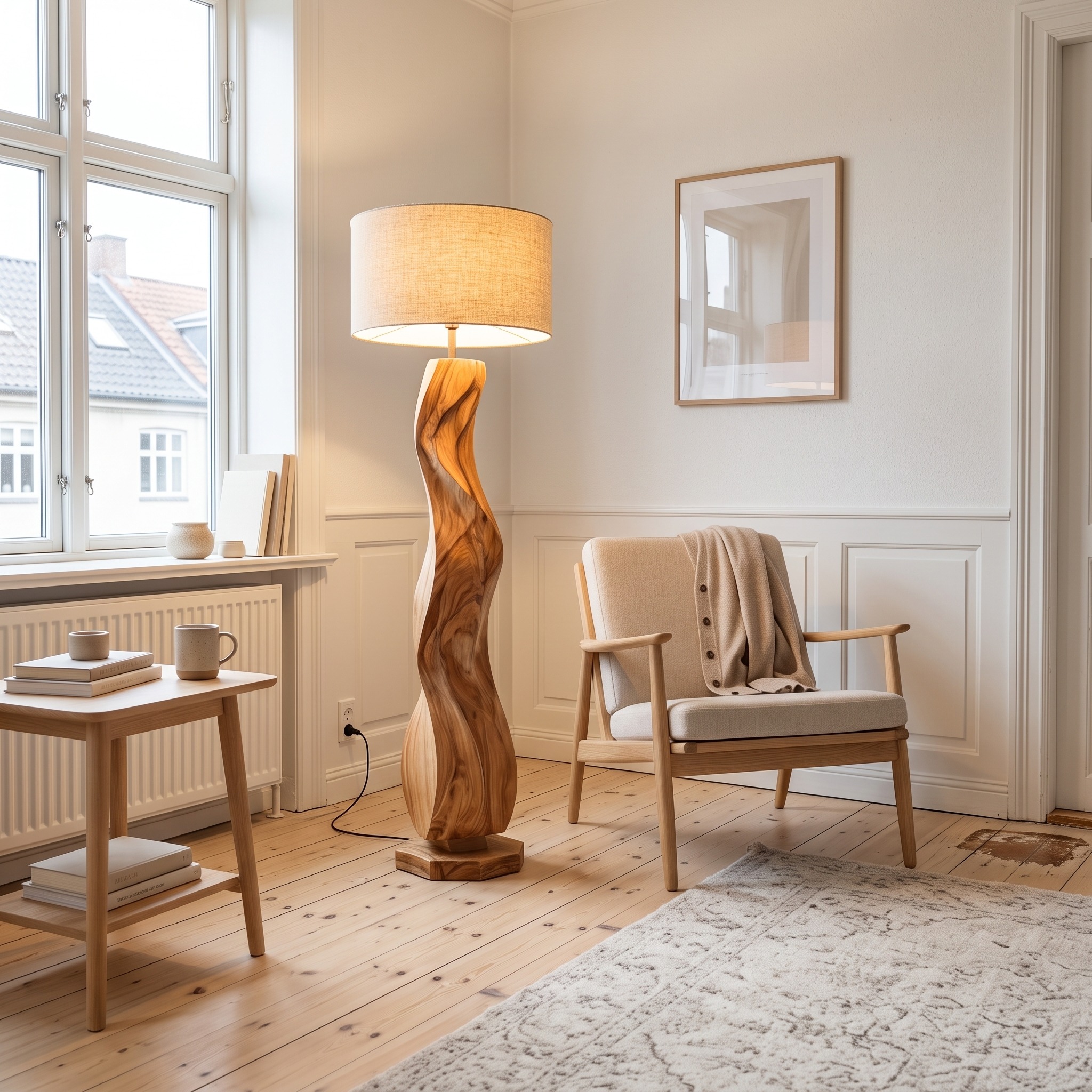 Modern Wood Floor Lamp, Handcrafted Sculptural Standing Light for Living Room, Bedroom & Office Decor