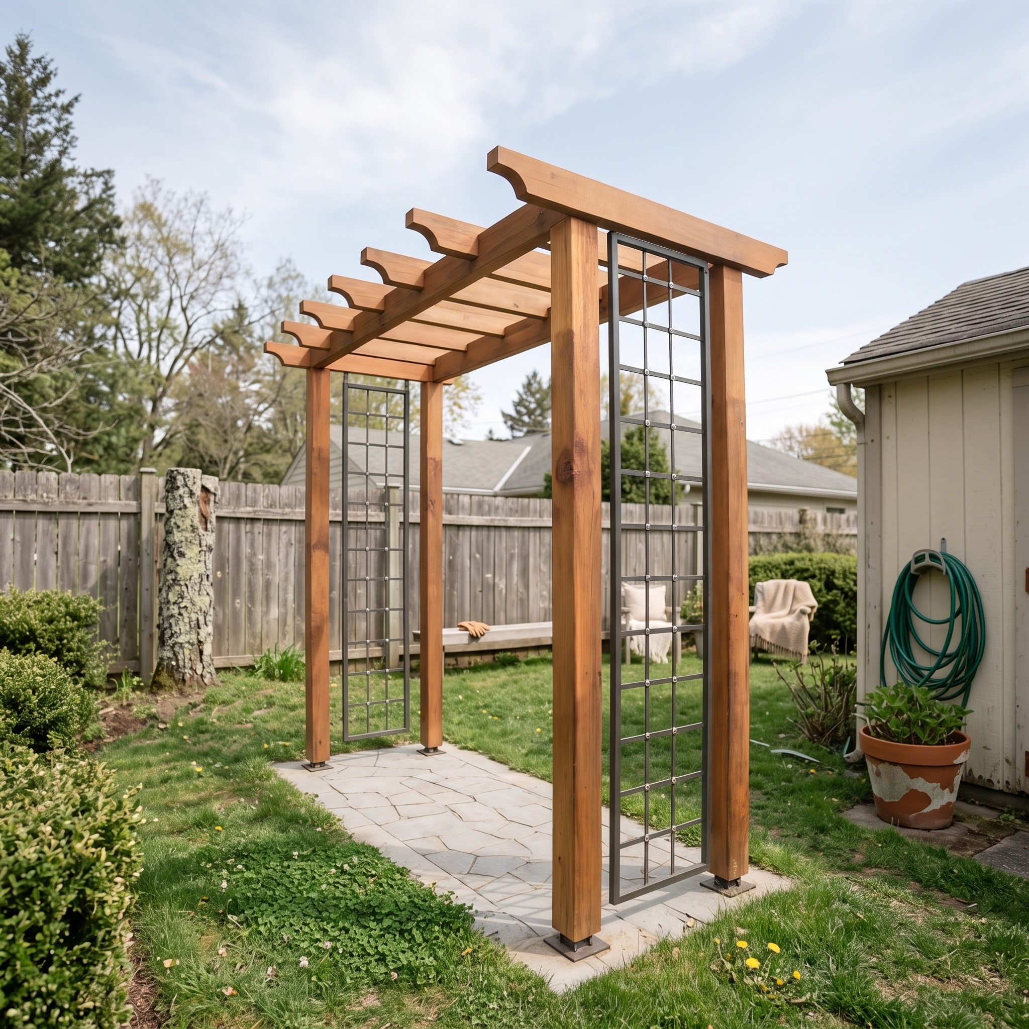 Modern Wood Garden Pergola with Metal Trellis Panels for Backyard