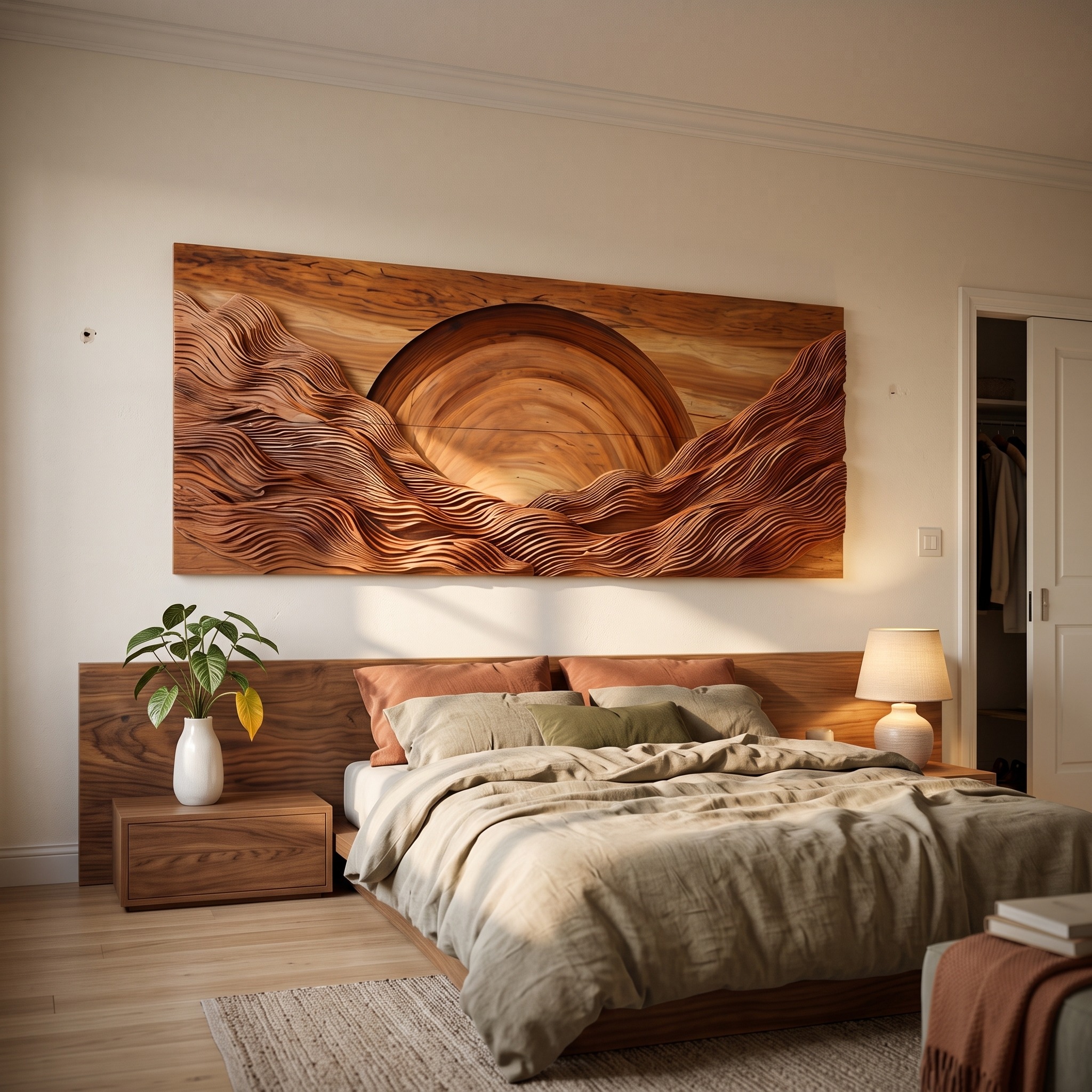 Modern Wood Mountain Sunrise Wall Art, Rustic Morning Sun Scenic 3D Wood Sculpture for Living Room Decor