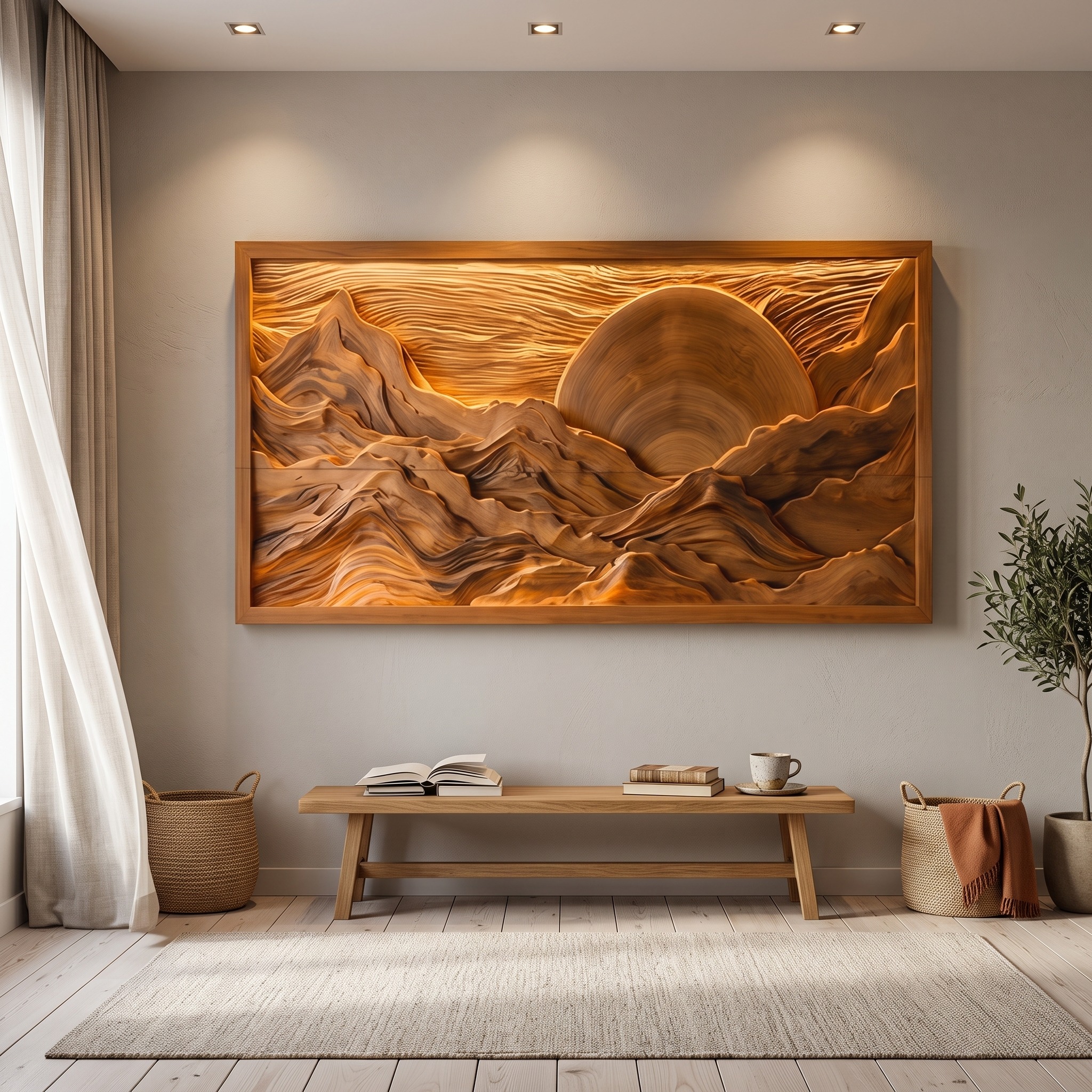Modern Wood Mountain Sunset Wall Art, Rustic Scenic Sun & Mountain 3D Wood Sculpture Panel for Living Room