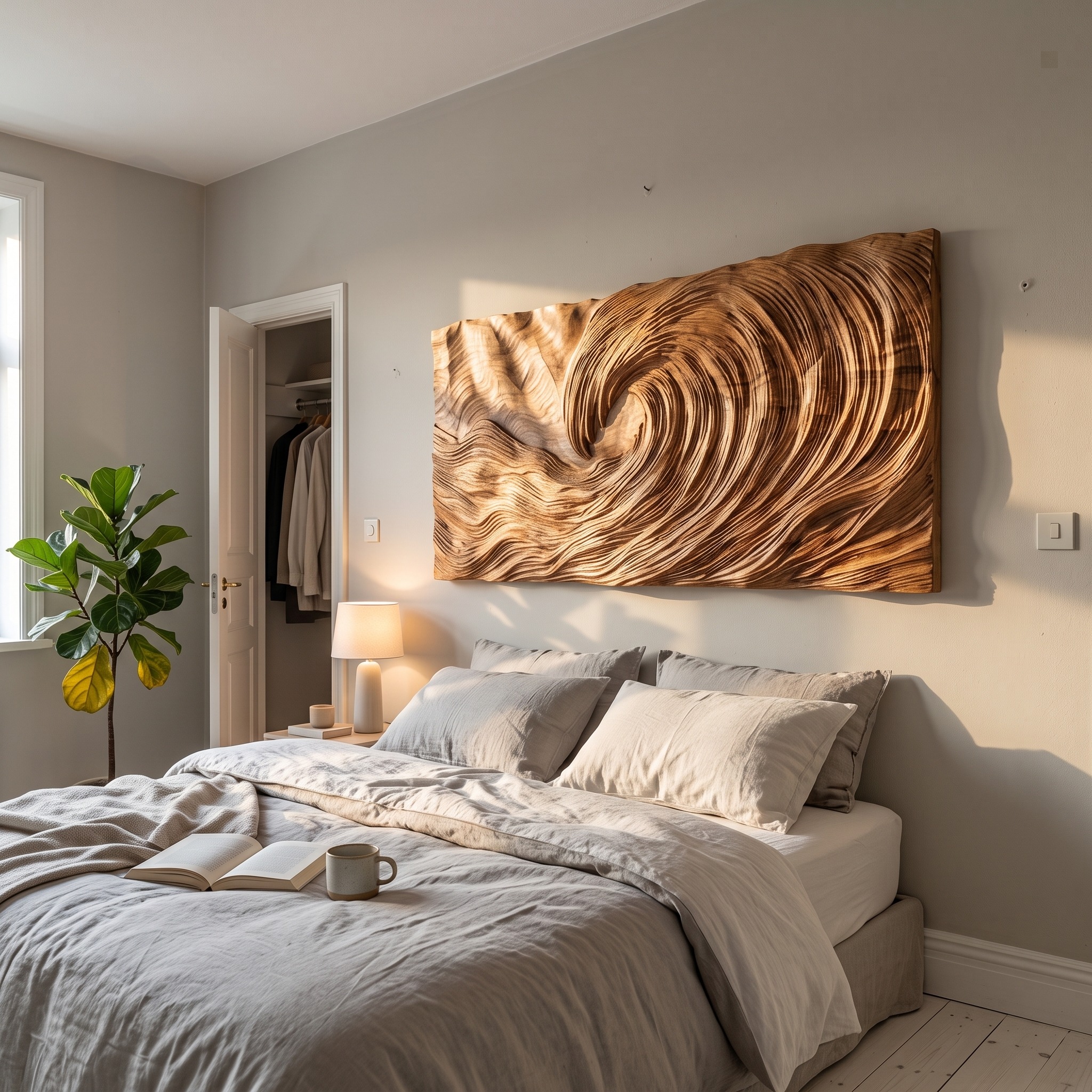 Modern Wood Sculpture Wall Decor, Handcrafted Abstract Wooden Hanging Art for Living Room