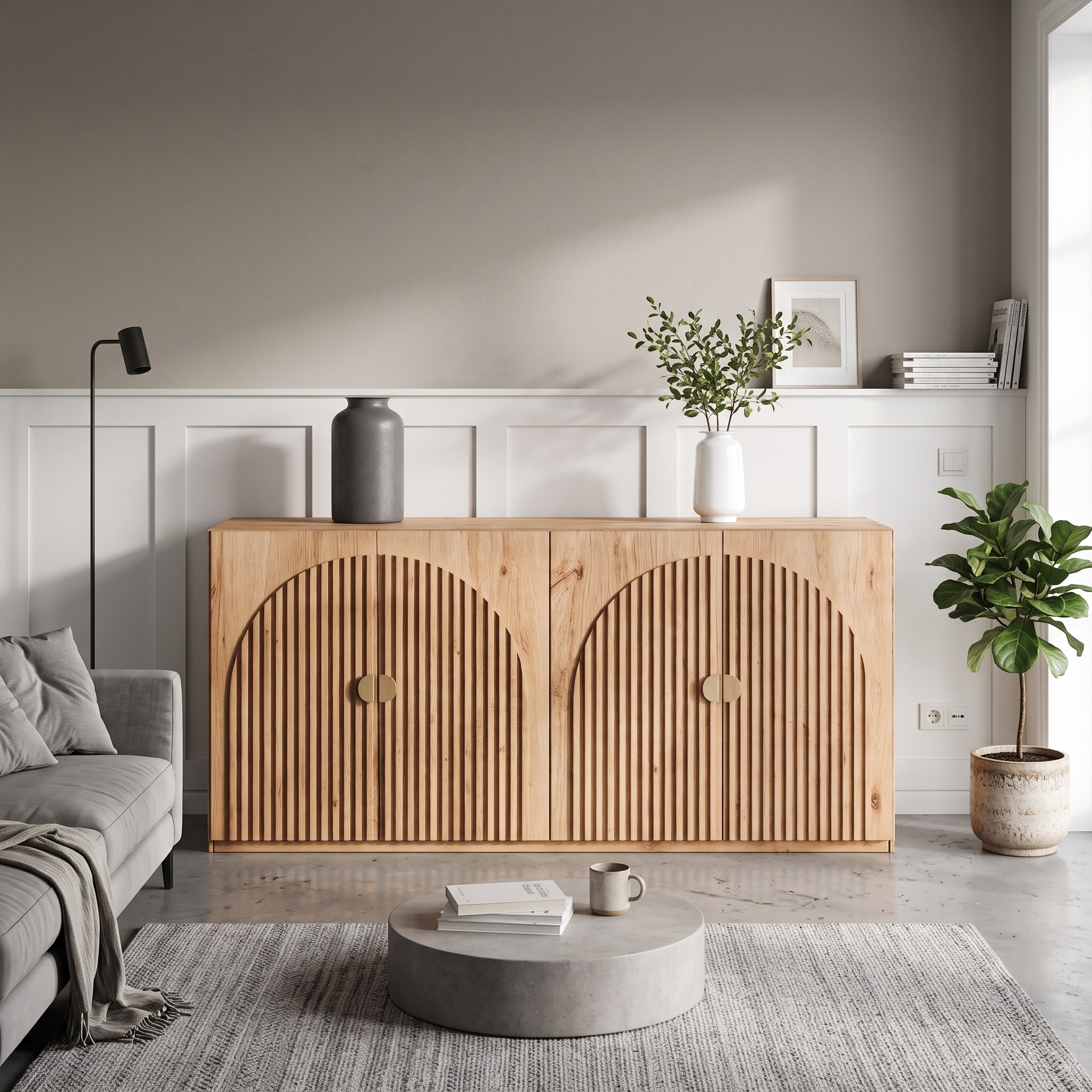 Modern Wood Sideboard with Fluted Arch, Contemporary Buffet Cabinet & Credenza for Dining or Living Room
