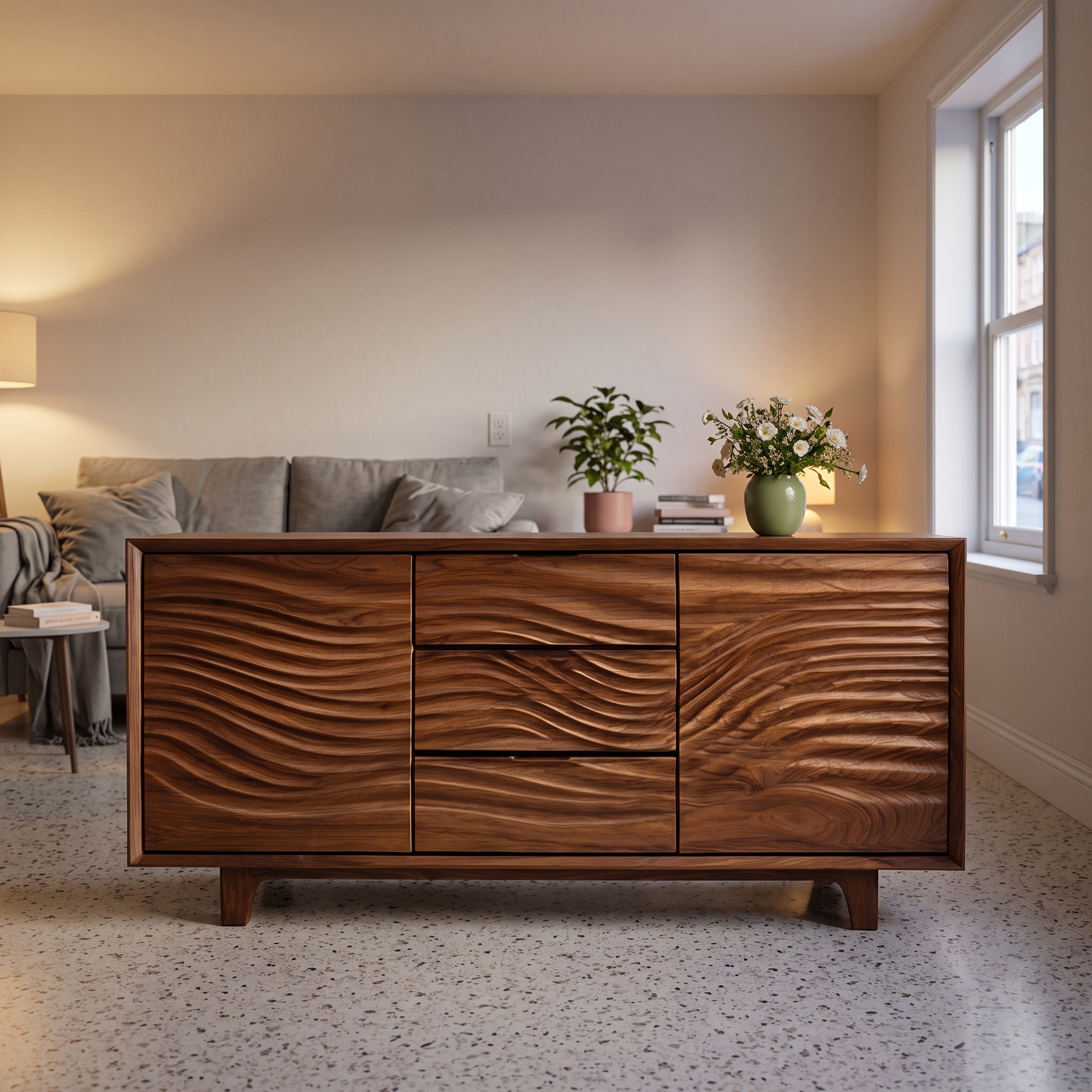 Modern Wood Sideboard with Wave Carving, Handcrafted Solid Wood Credenza Cabinet for Minimalist Interior, Model