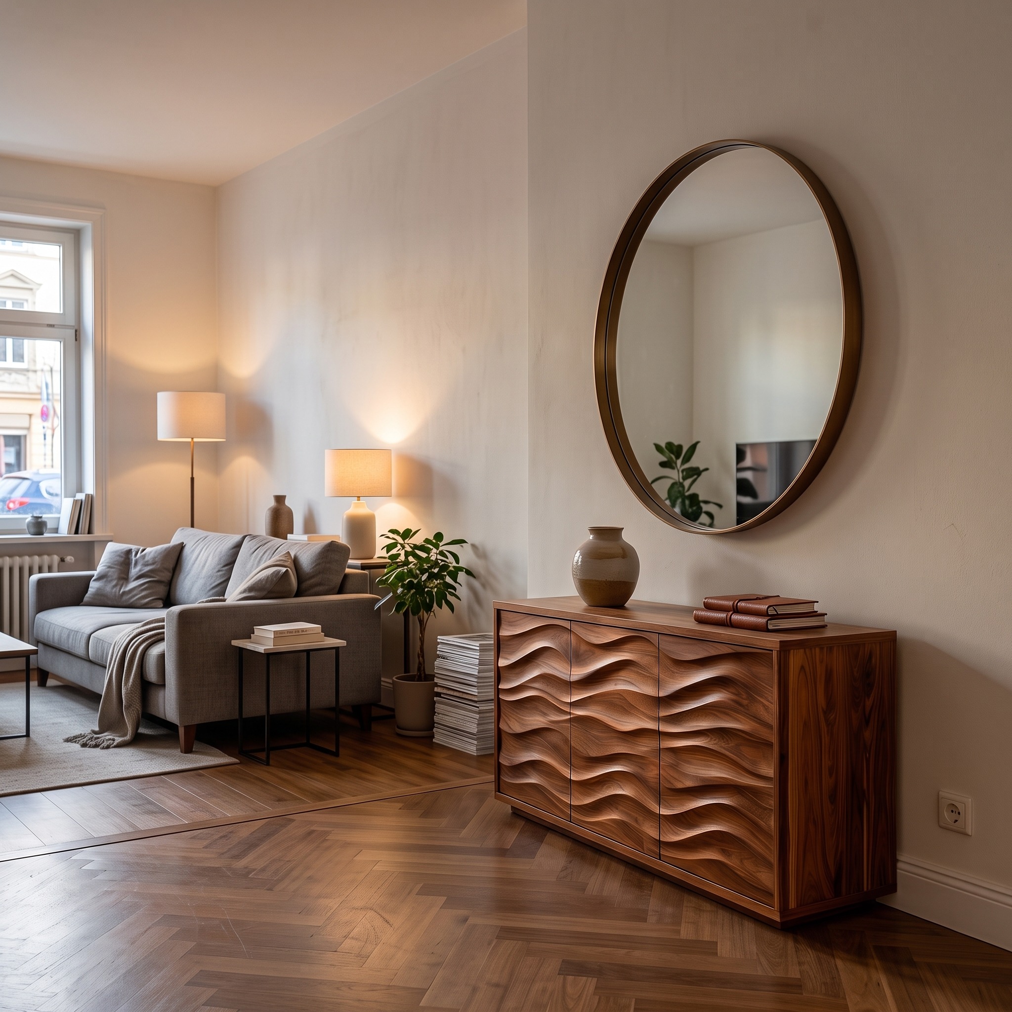 Modern Wood Sideboard with Wave Doors, Handcrafted Solid Wood Credenza Cabinet & Buffet for Living Room, Model