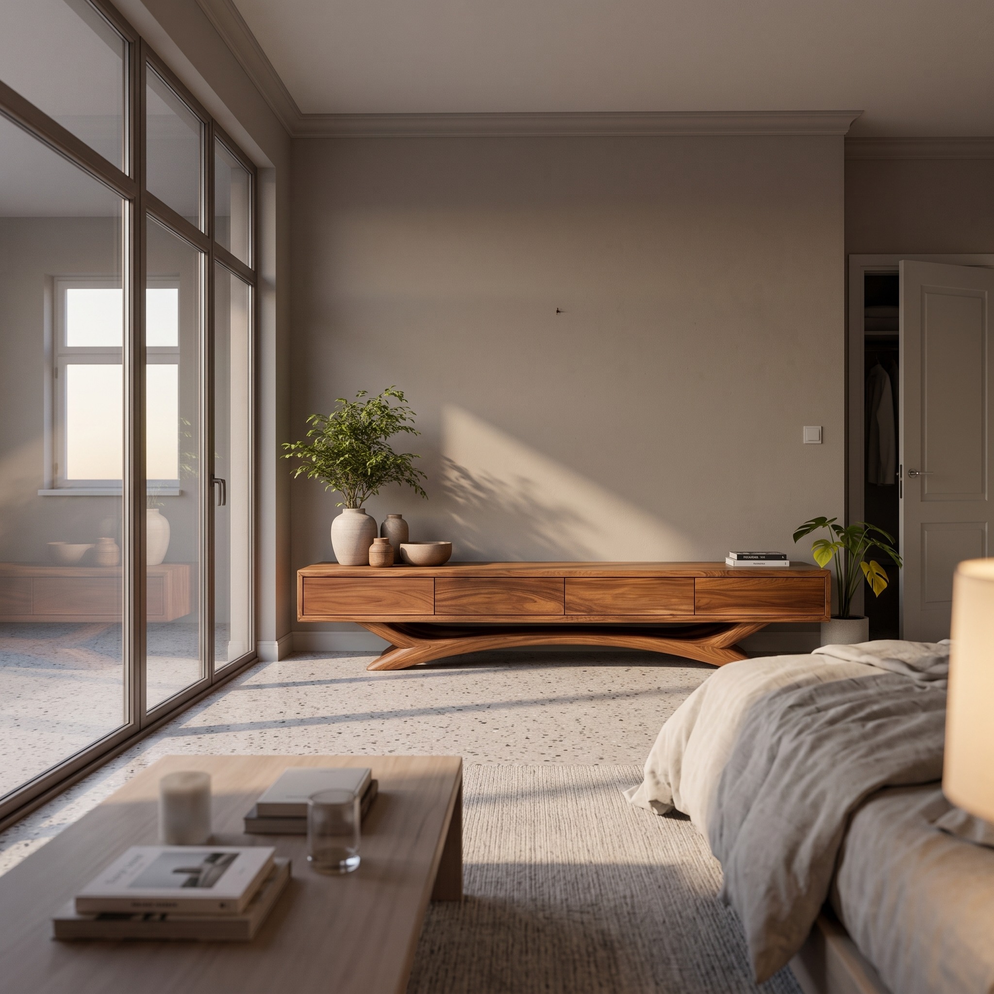 Modern Wood TV Cabinet with Curved Base Design, Sculptural Media Console Credenza for Living Room Furniture