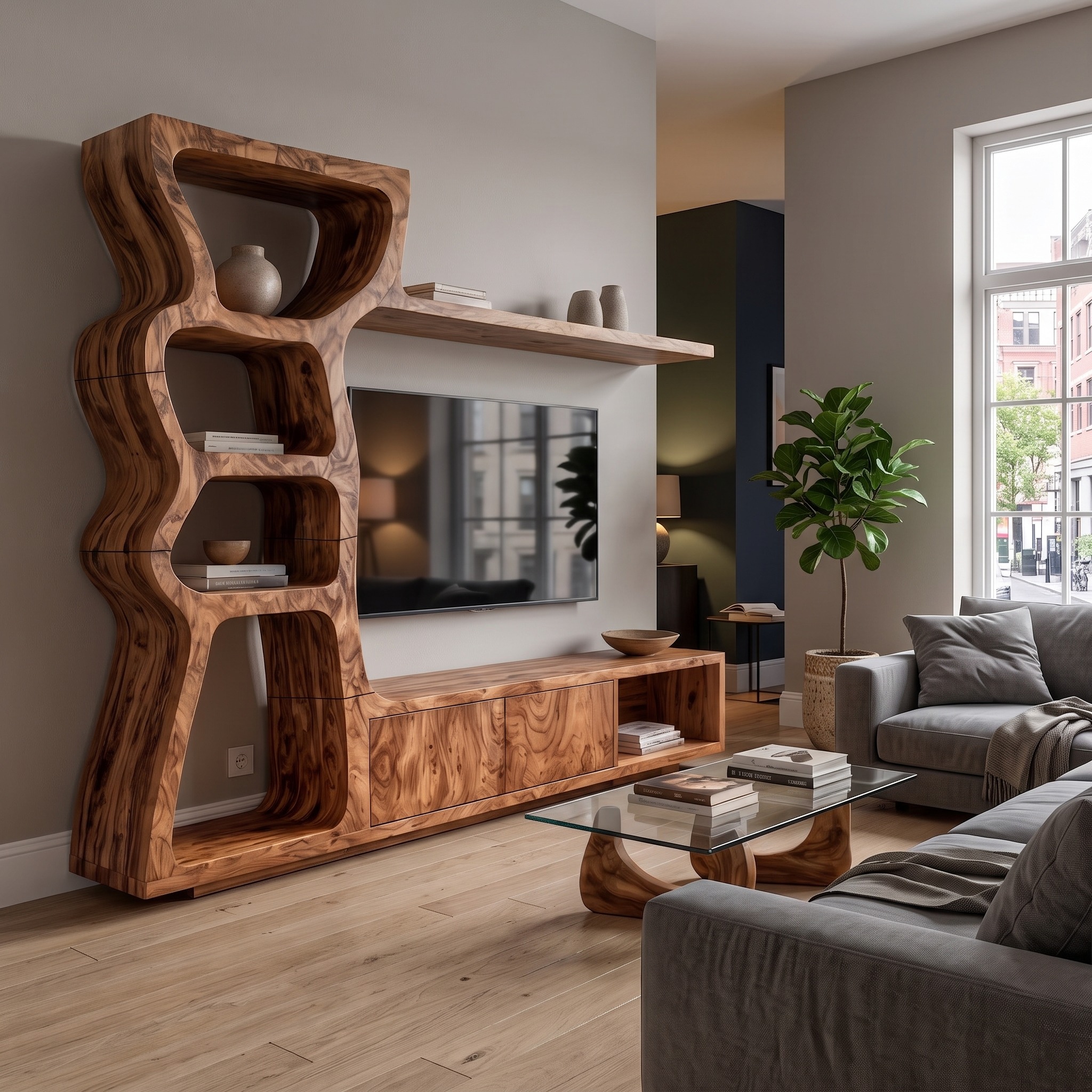 Modern Wood TV Cabinet with Curved Built-in Display Shelves & Entertainment Center Console for Living Room
