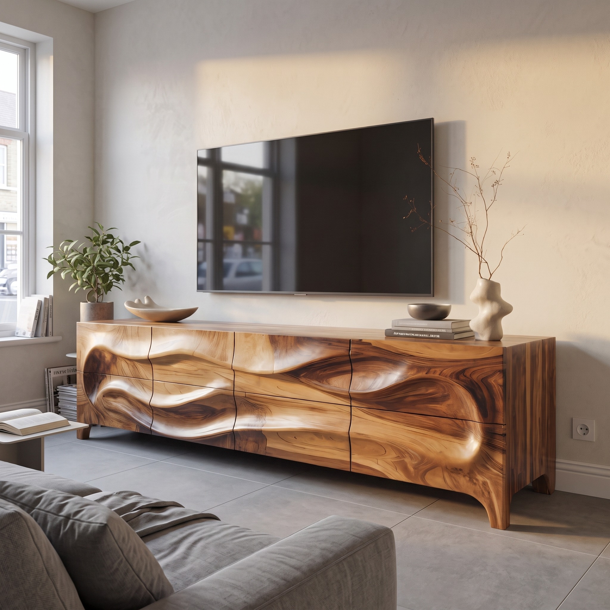 Modern Wood TV Cabinet with Wave Carved Front, Solid Timber Media Console Entertainment Stand for Living Room