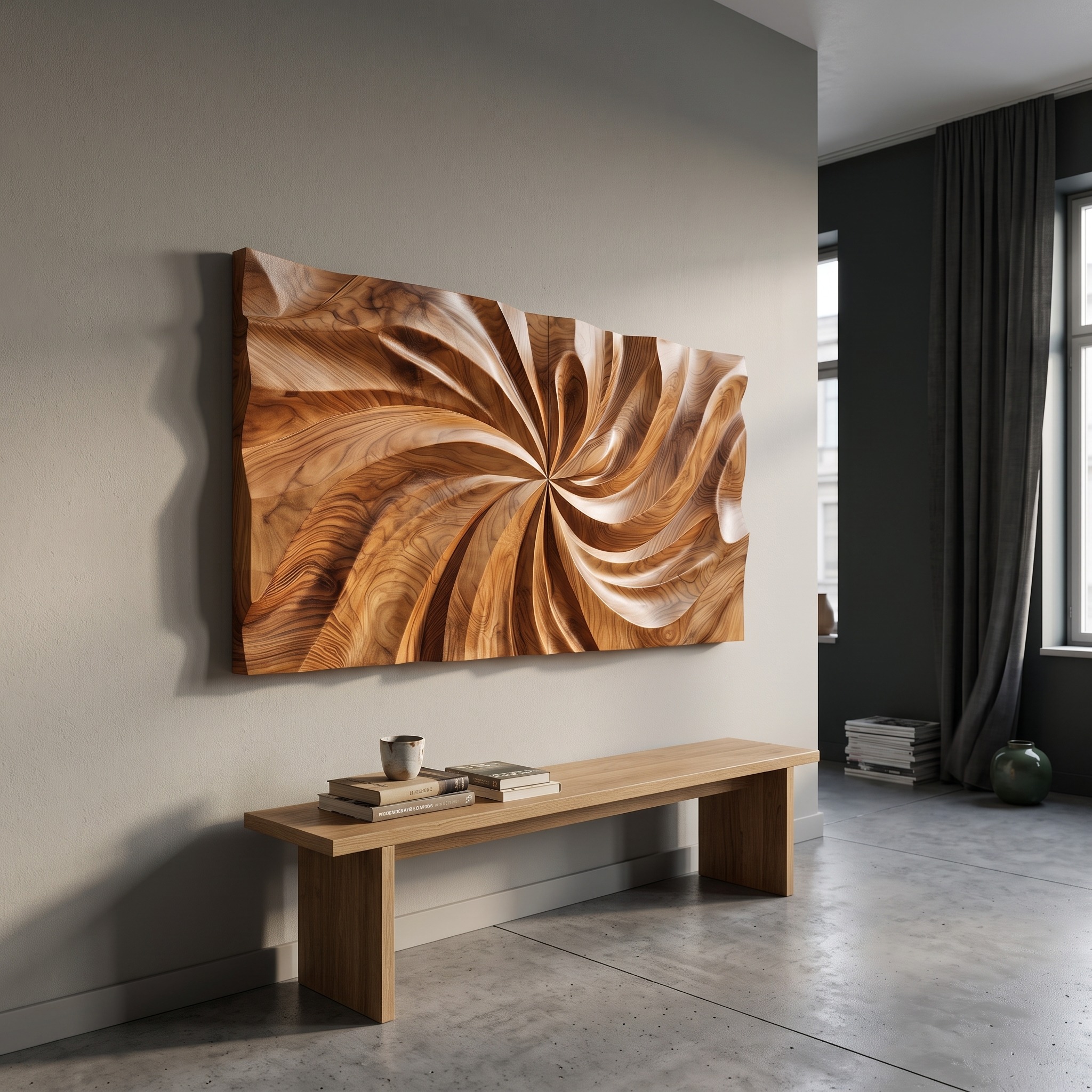 Modern Wood Wall Art with Swirl Relief, 3D Abstract Wave Carved Wall Panel Decor